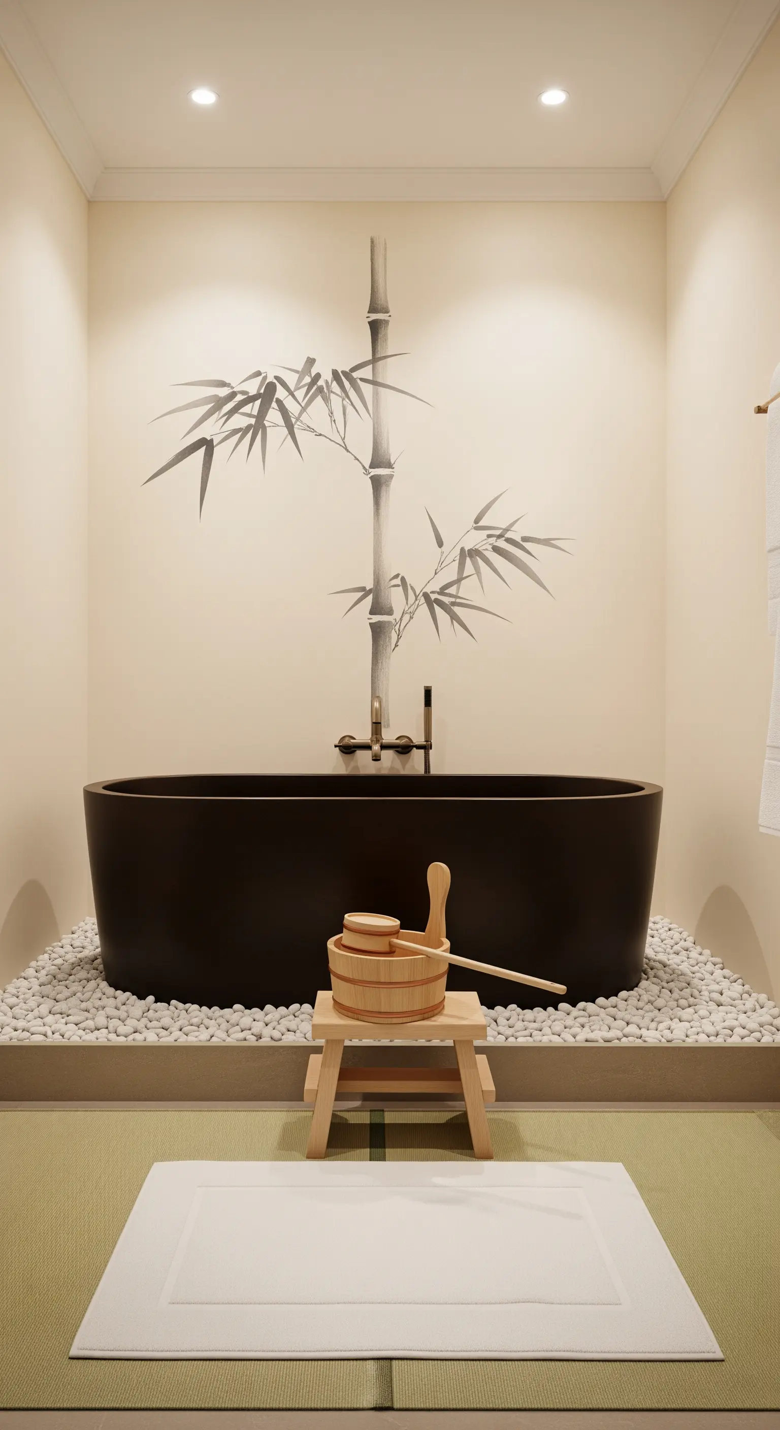 Vasca scura su un letto di ciottoli bianchi con un dipinto di bambù alla parete.