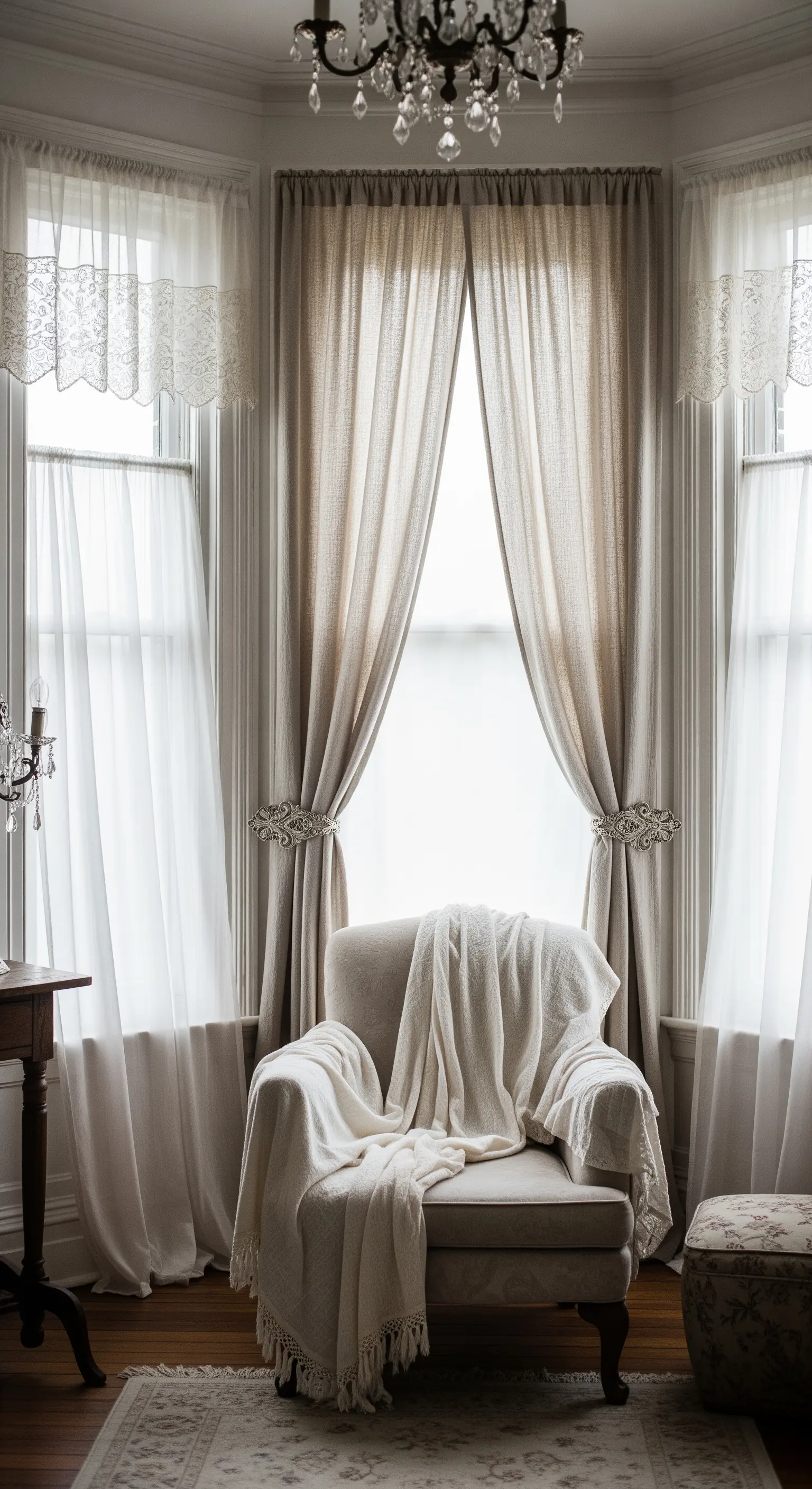 Poltrona in un angolo con finestra a golfo e doppie tende in lino e pizzo.