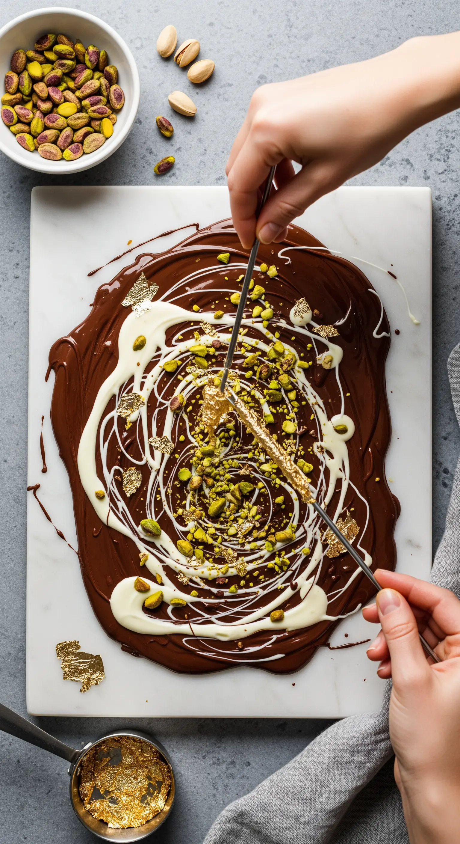 Mani che decorano una lastra di cioccolato fondente e bianco con pistacchi e foglia d'oro.