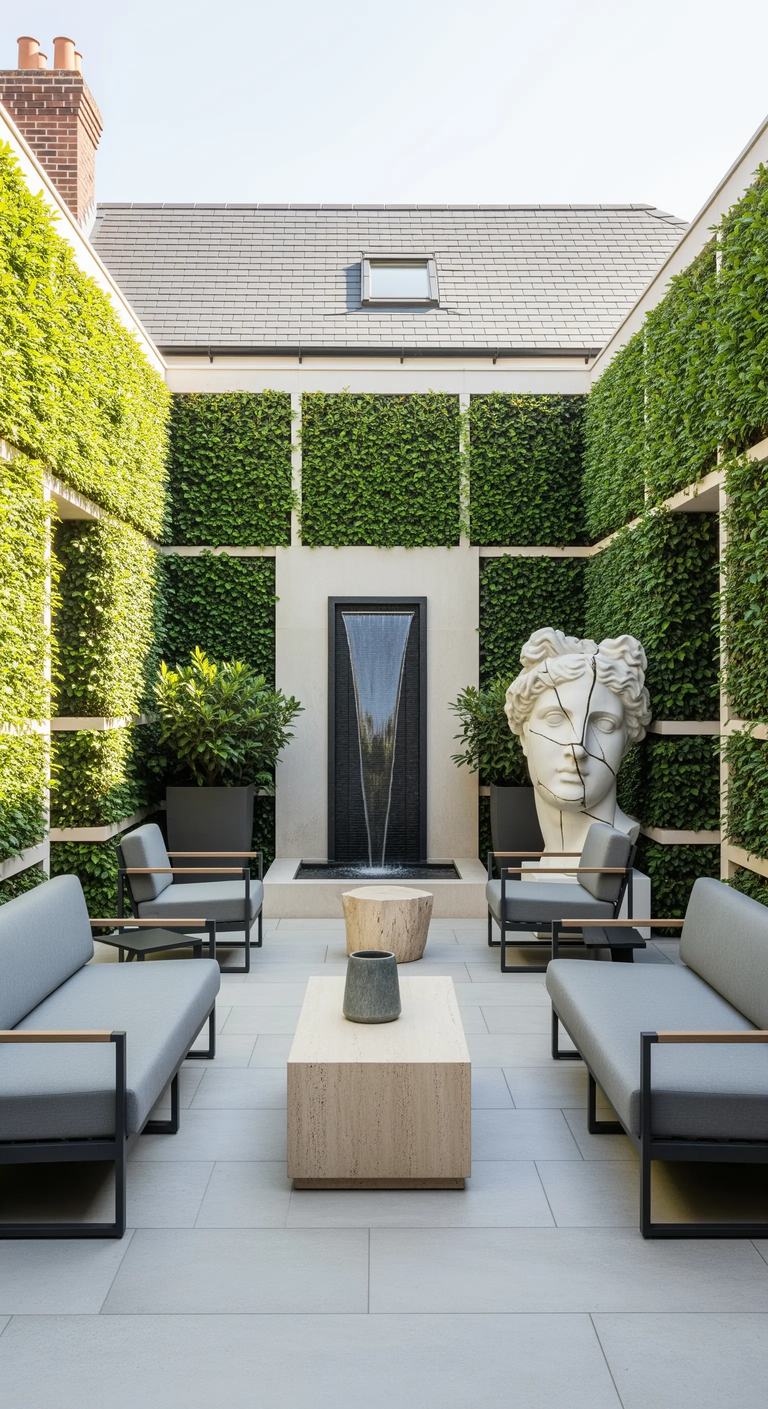 Patio moderno con grande testa classica frammentata, fontana a cascata e pareti verdi.