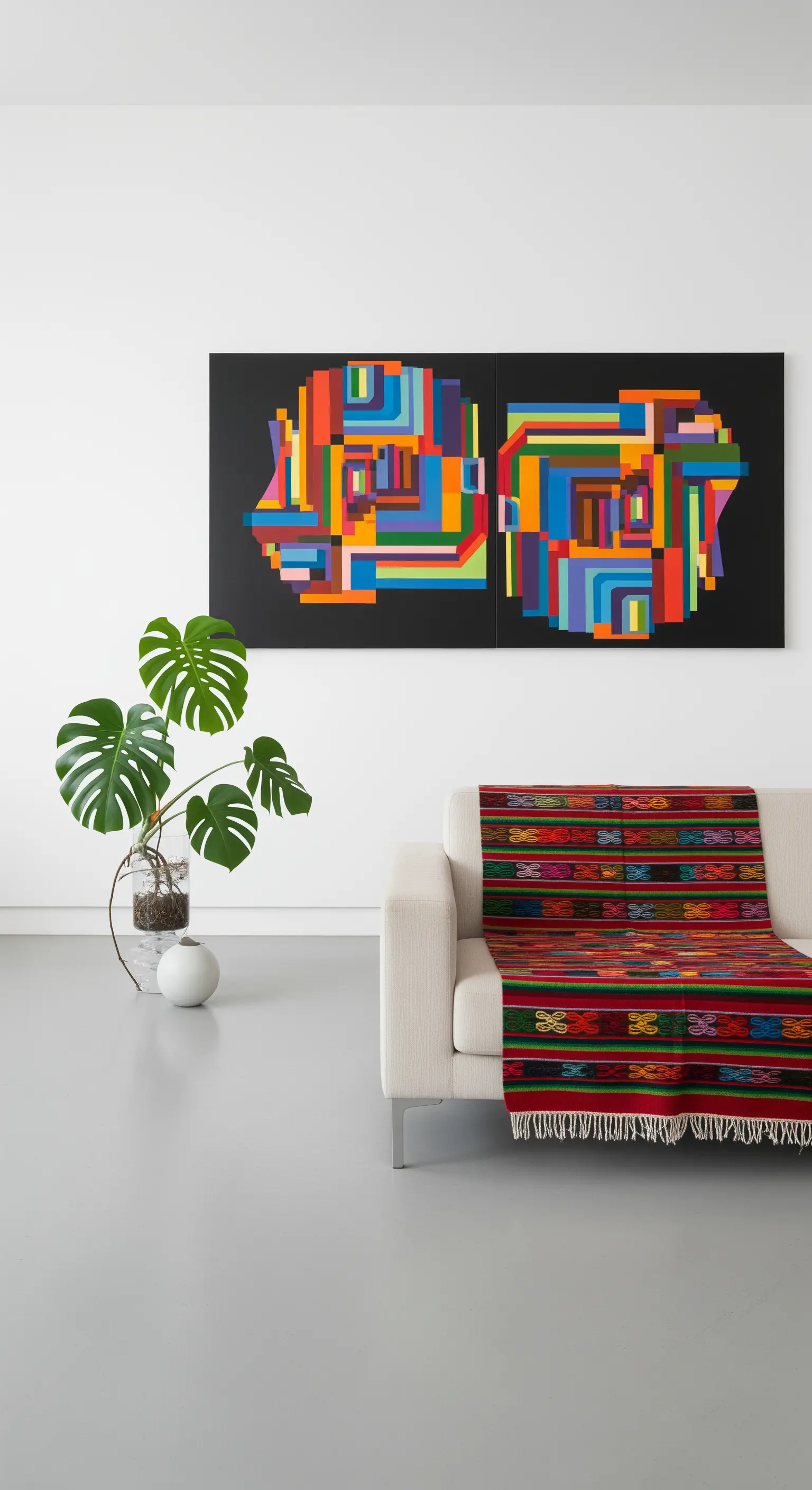 Salotto minimalista con divano bianco, un grande quadro geometrico colorato e una pianta di Monstera.