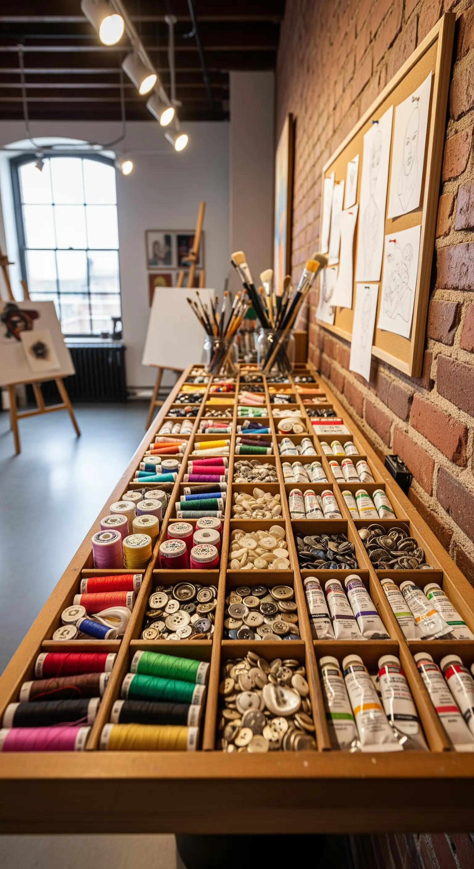 Grande cassetto da tipografo con divisori, riempito con rocchetti di filo e materiale per il cucito.