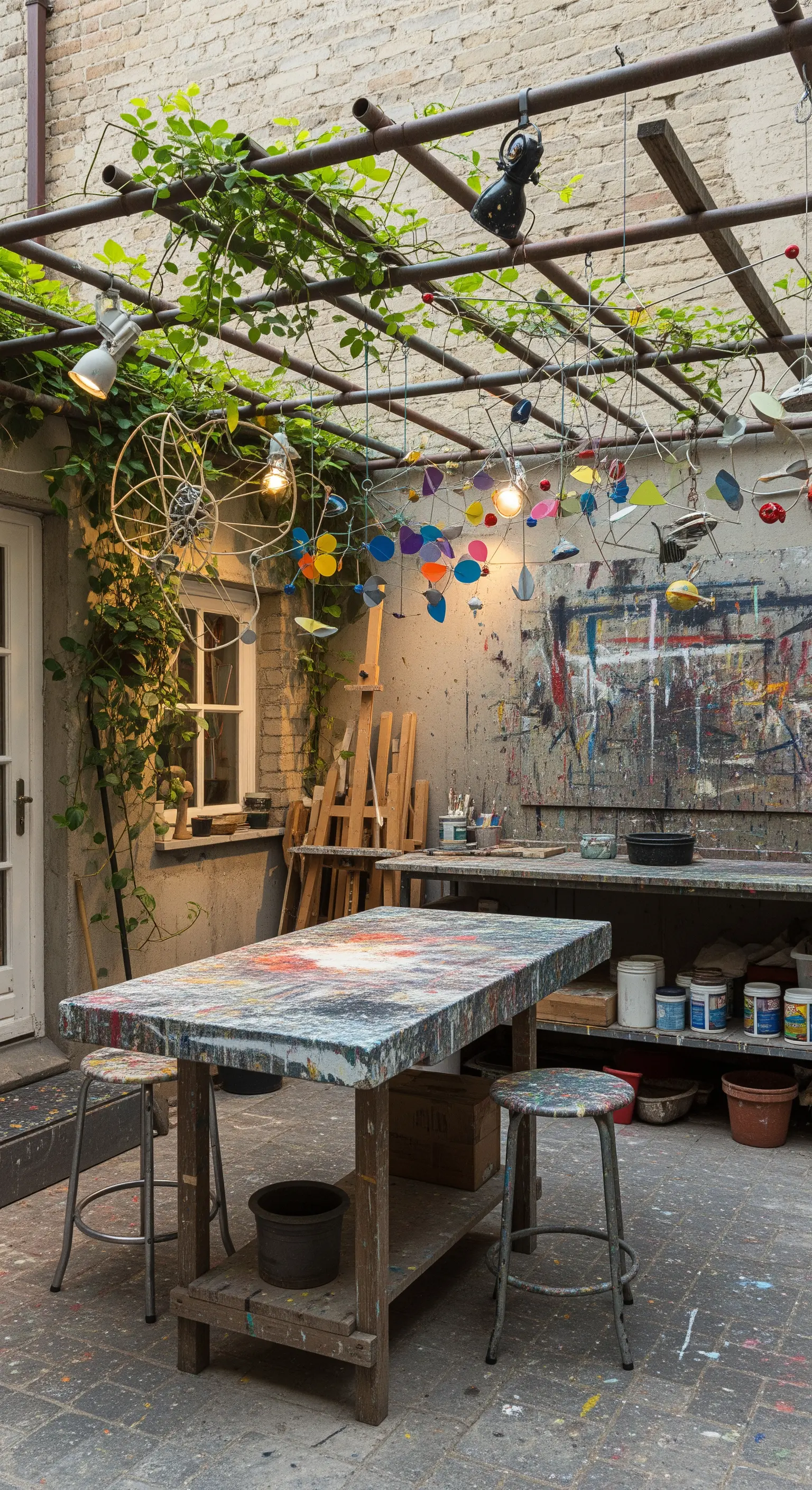 Patio di un'artista con tavolo da lavoro macchiato di vernice e installazioni colorate.