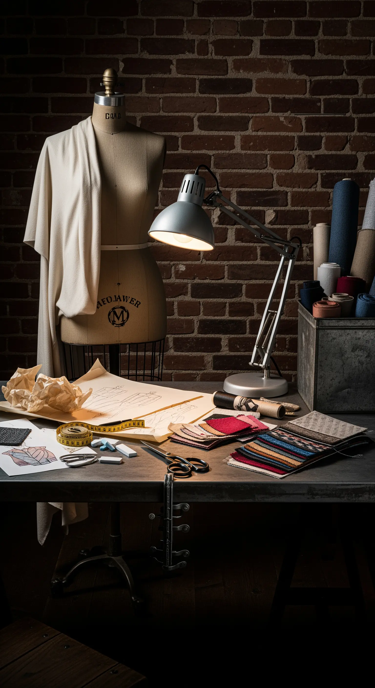 Spazio di lavoro per stilista con manichino, tessuti e bozzetti su sfondo di mattoni.