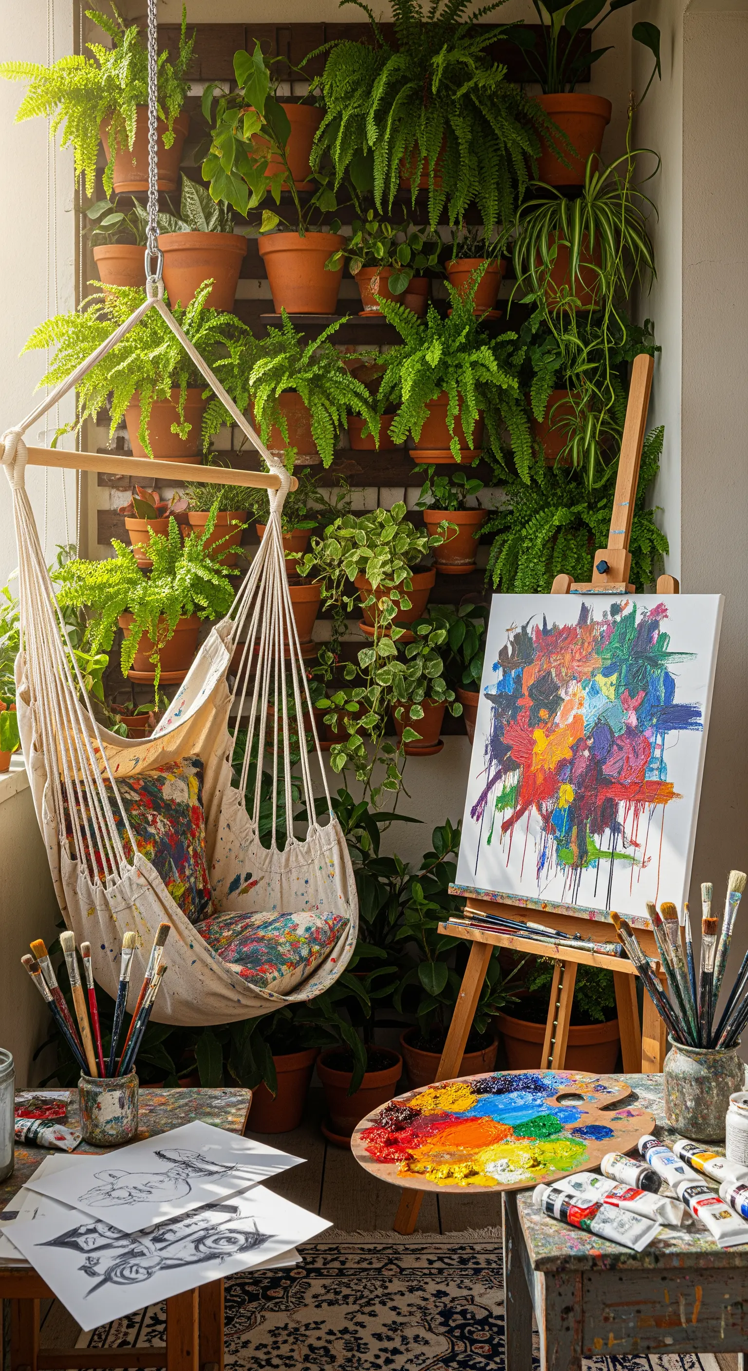 Balcone trasformato in studio d'artista, con amaca in tela e una parete di vasi di terracotta.