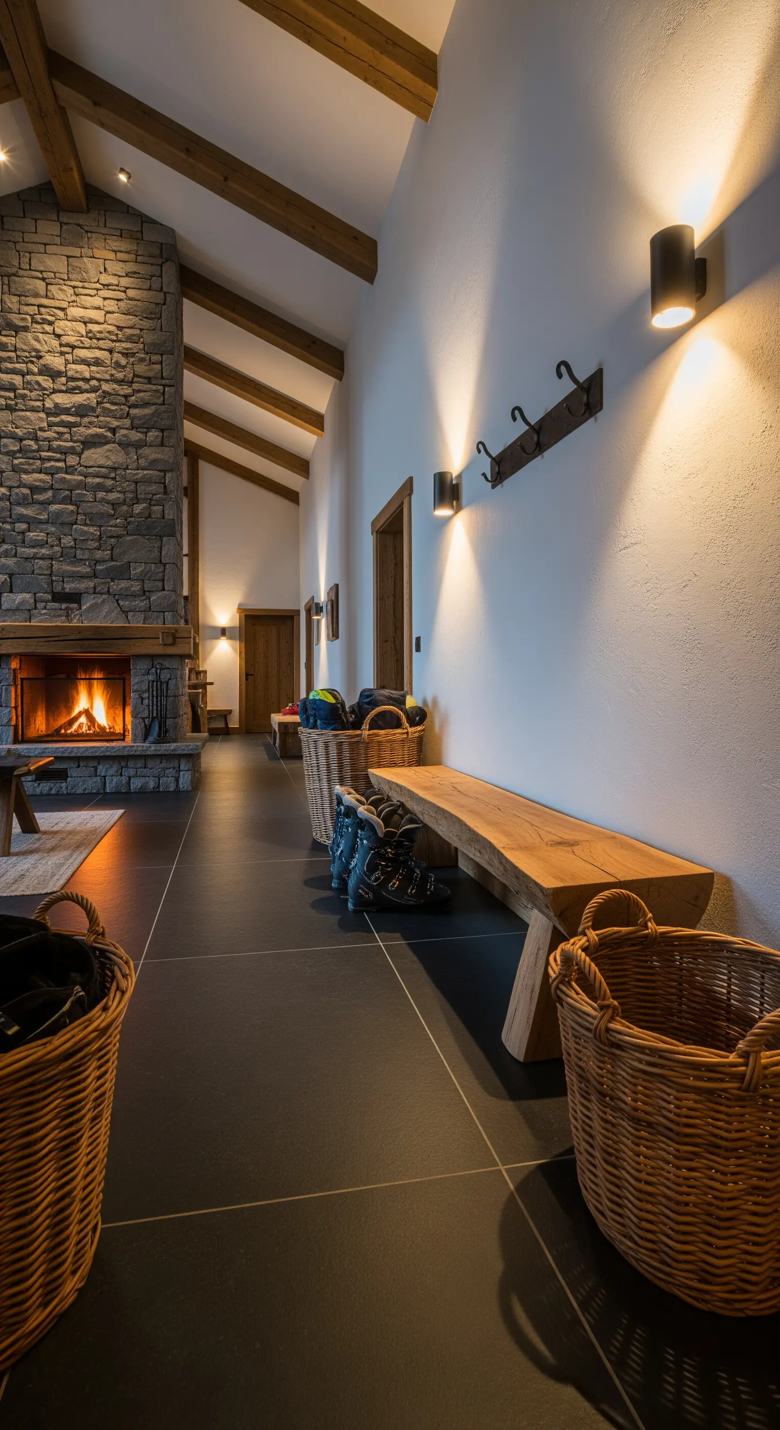 Lungo ingresso di uno chalet con camino in pietra, panca in legno e cesti.