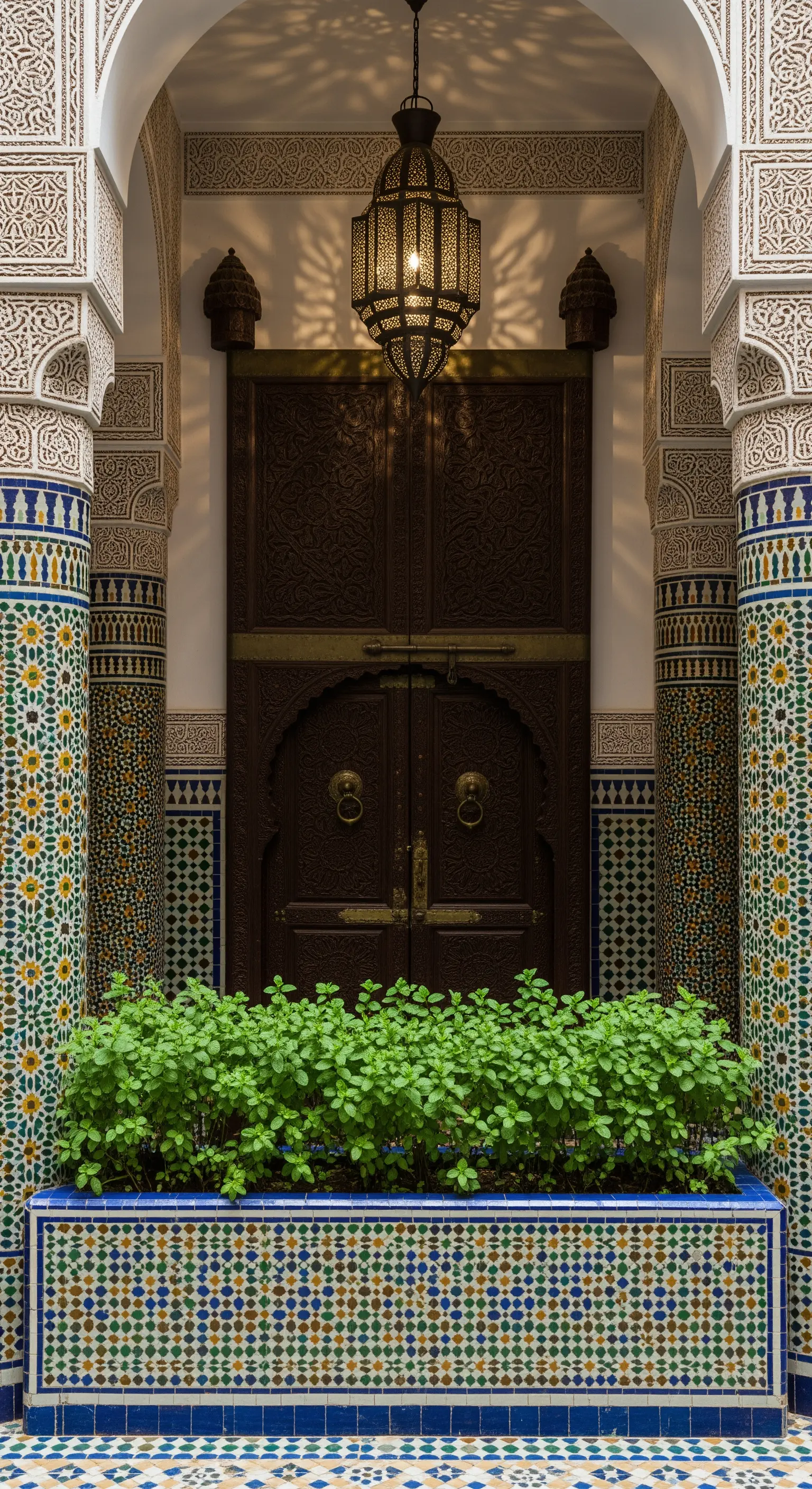 Ingresso di un riad marocchino con colonne rivestite di mosaici zellige e una lanterna in metallo