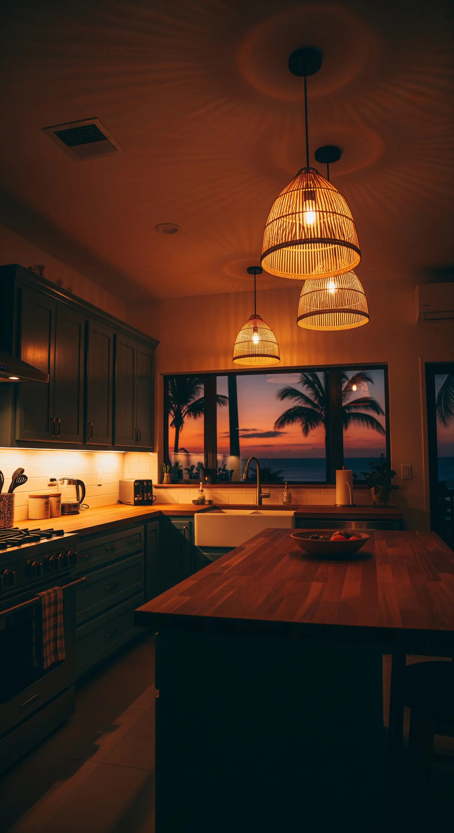 Cucina con lampade in rattan accese di sera, con vista su un tramonto tropicale.