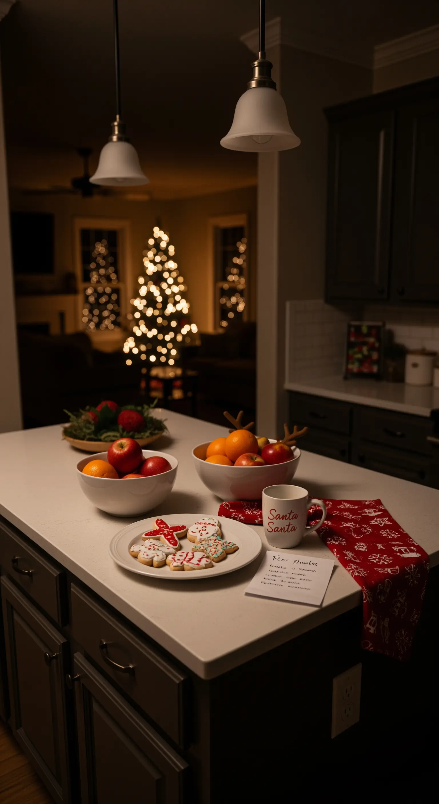 Isola di una cucina al buio con un piatto di biscotti, una tazza e una lettera per Babbo Natale.