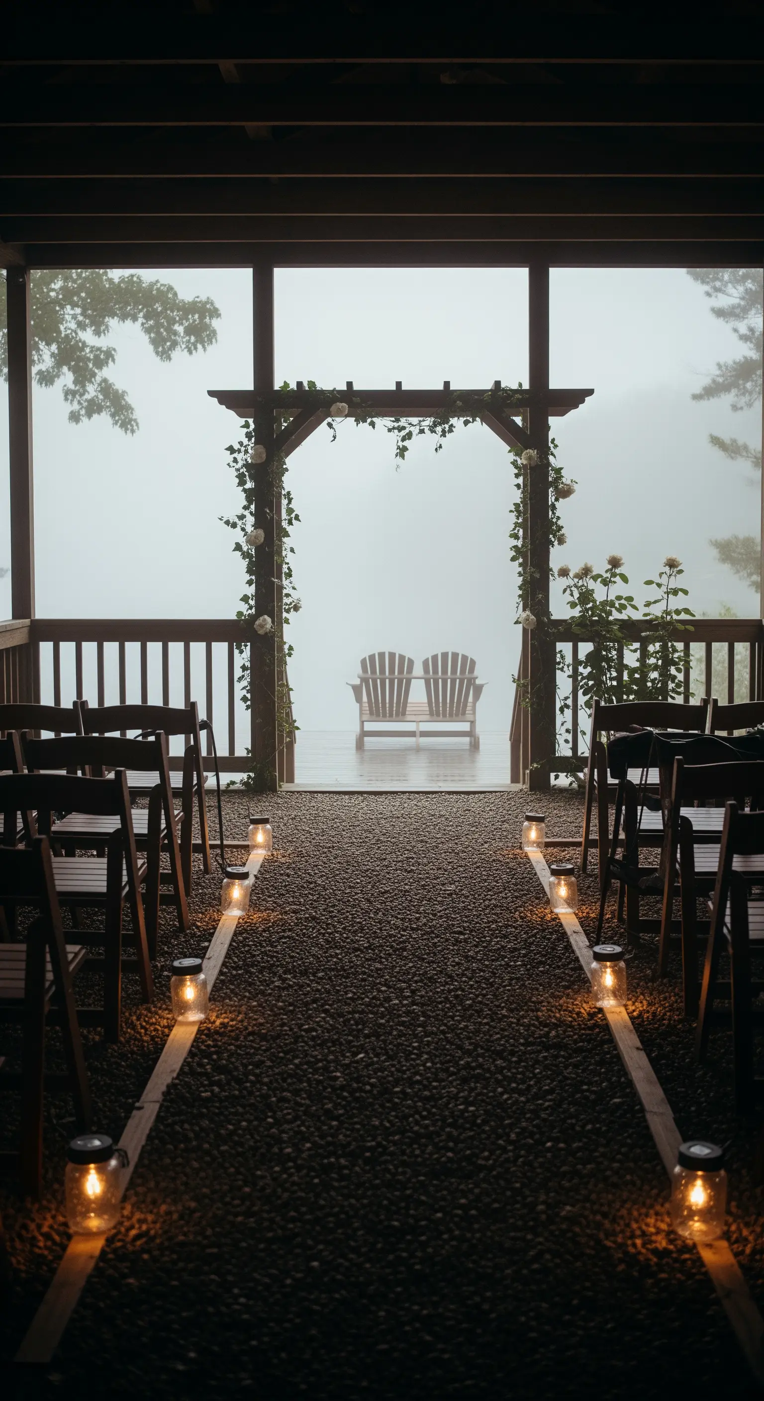 Portico rustico con un sentiero di candele che conduce verso un molo avvolto nella nebbia.