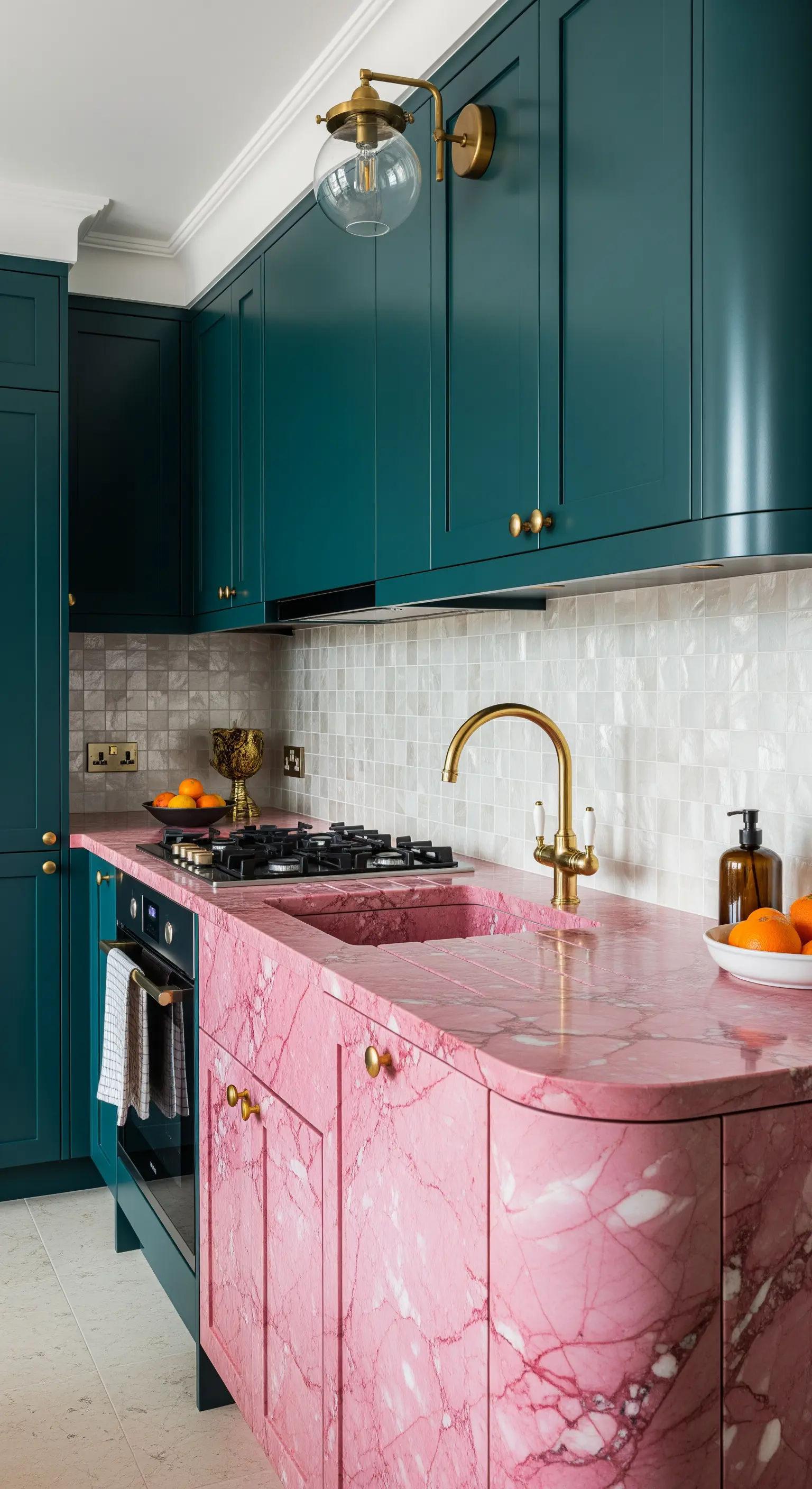 Mobile cucina basso in marmo rosa con lavello integrato, inserito in una cucina con pensili color petrolio.