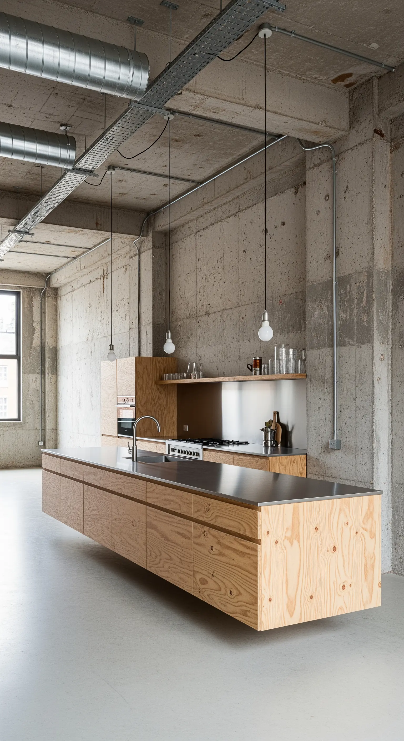 Cucina in stile loft con isola sospesa in compensato, pareti e soffitto in cemento grezzo.