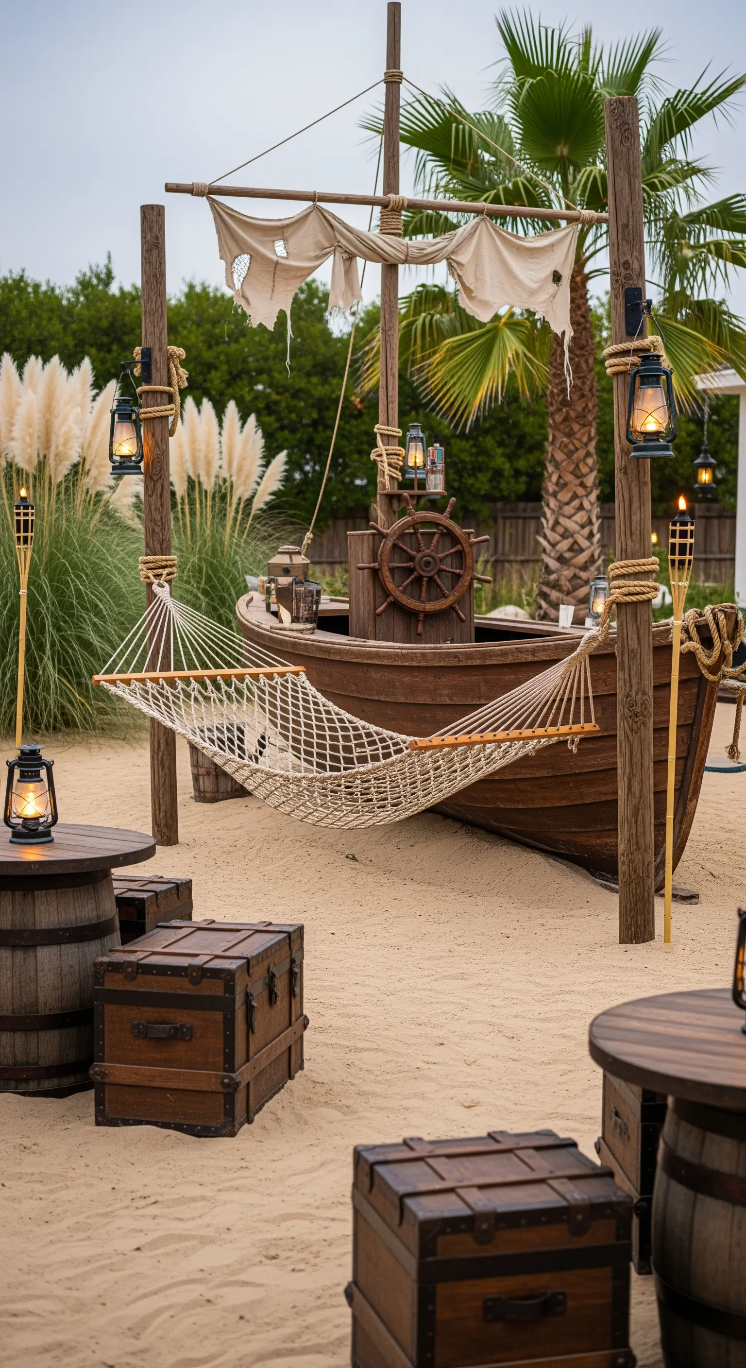 Allestimento a tema piratesco in un giardino di sabbia, con barca, amaca e lanterne.