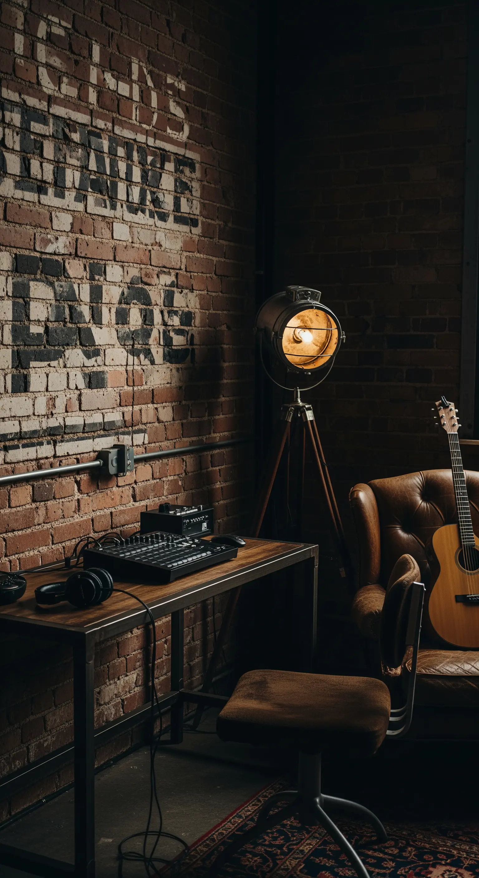 Studio di registrazione con parete di mattoni scuri, faretto vintage e poltrona in pelle.