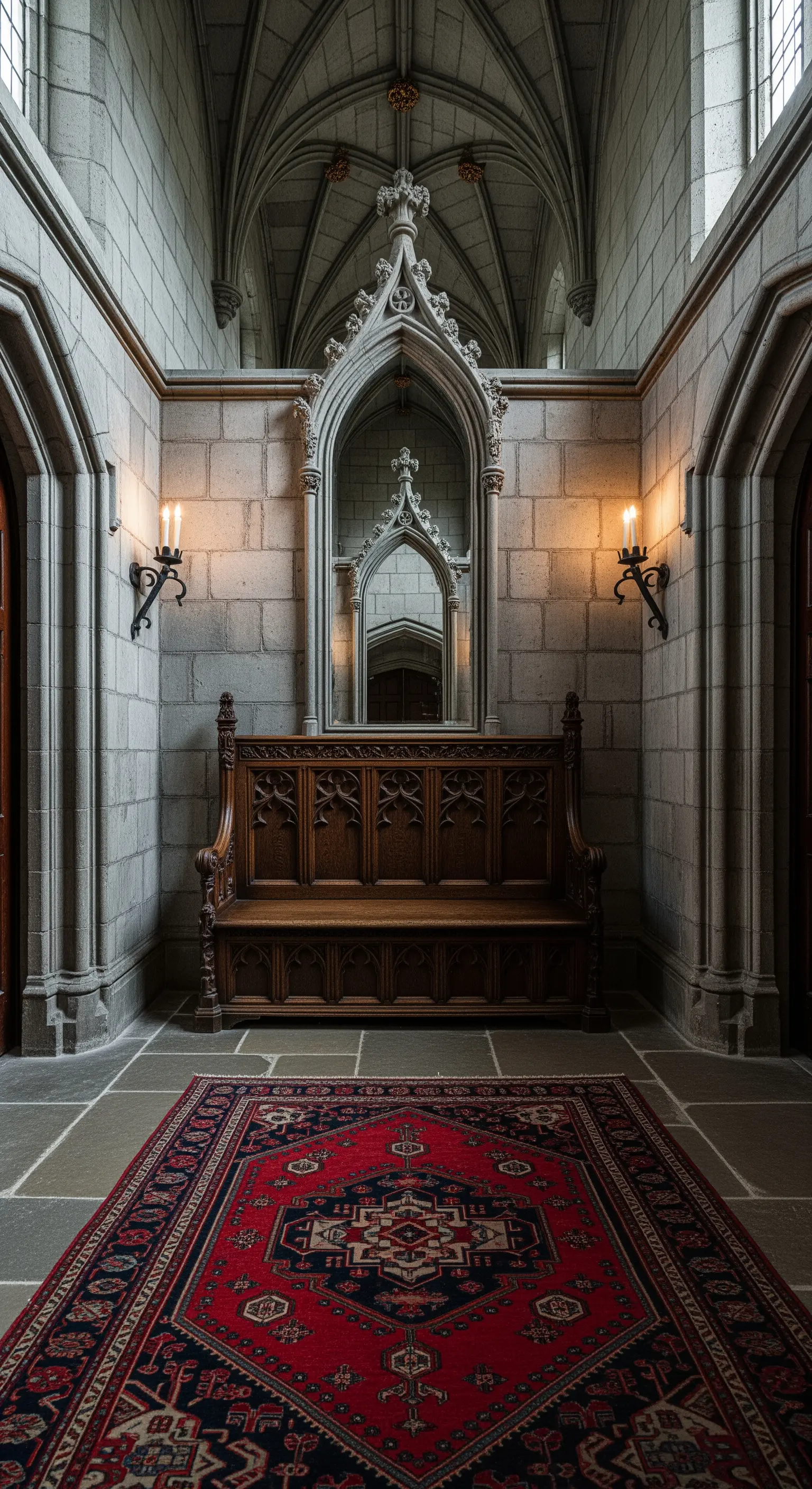 Ingresso in stile gotico con pareti in pietra, specchio a sesto acuto e panca intagliata.