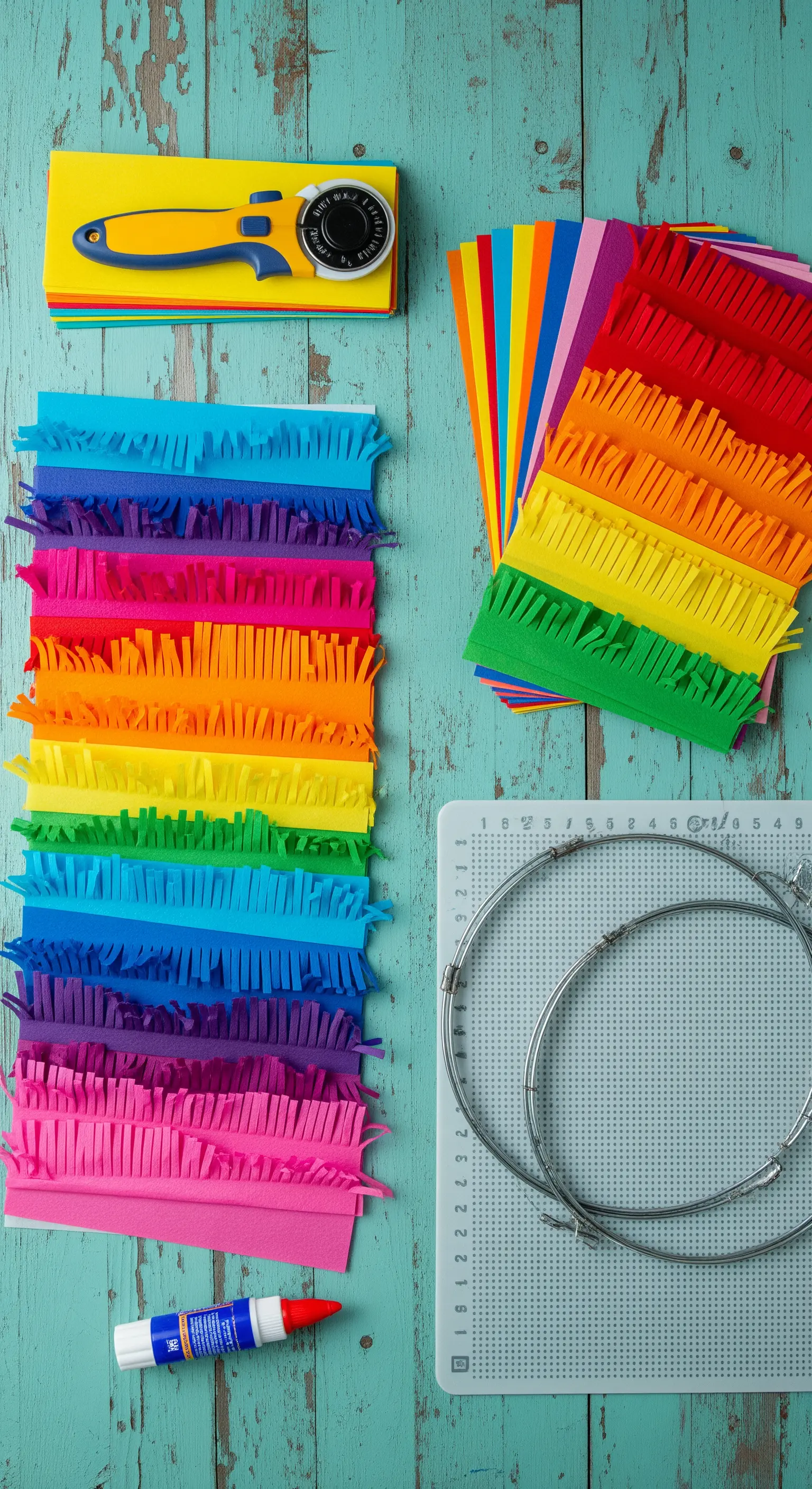 Materiali per lanterne con frange: carta velina colorata tagliata, colla e anelli metallici.