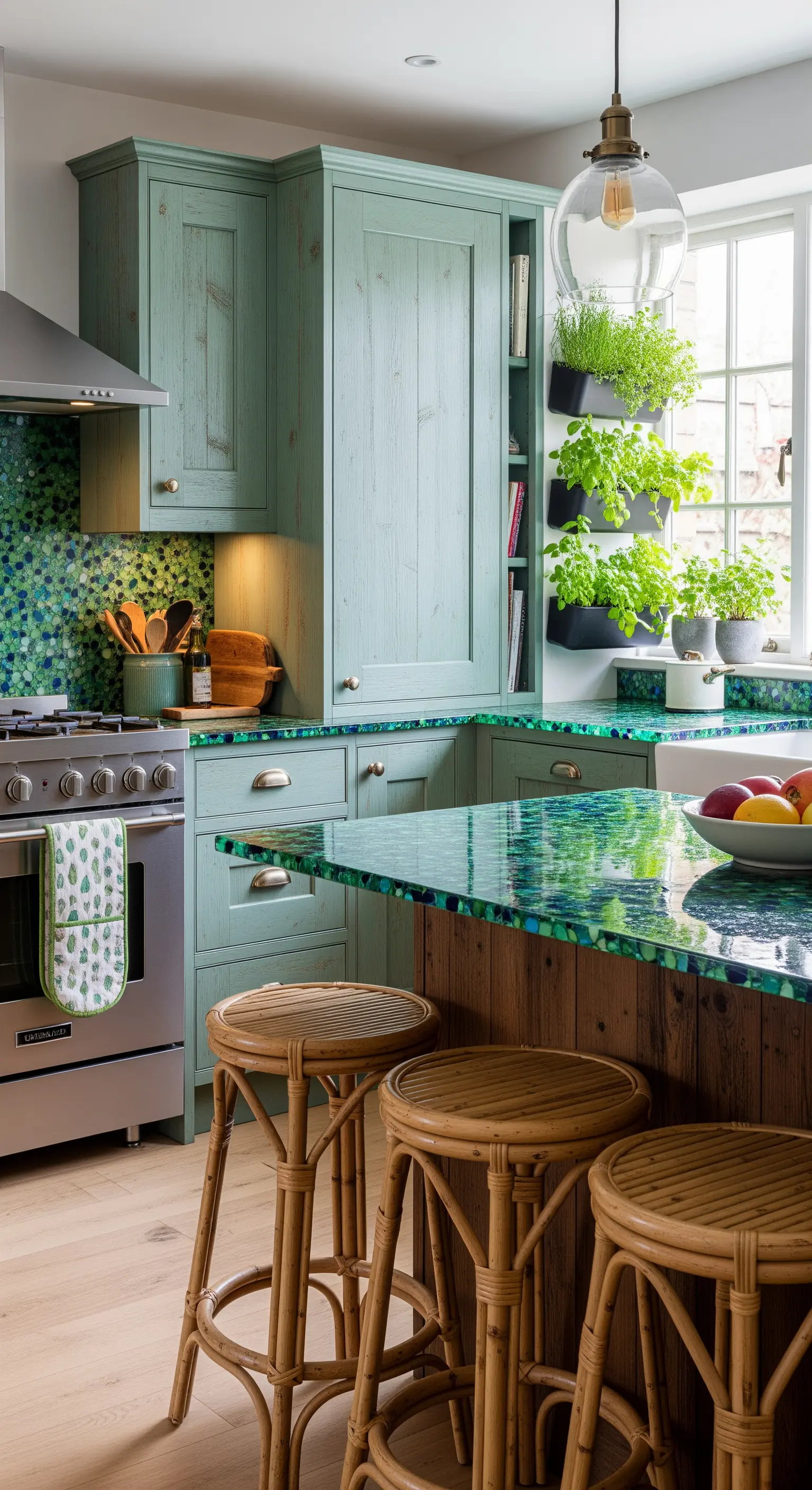 Piano di lavoro scenografico in vetro riciclato verde e blu con sgabelli in bambù.