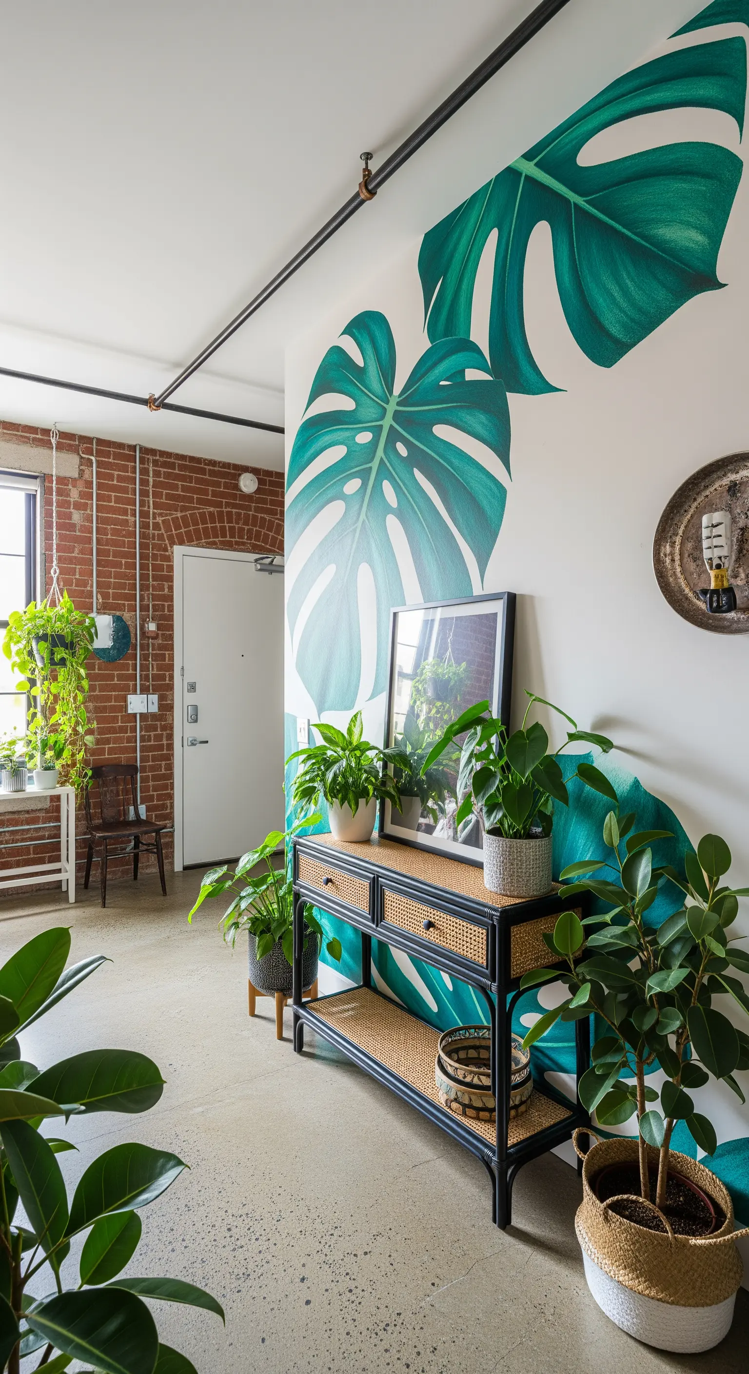 Murale con foglie di Monstera giganti dietro a una consolle in rattan nero.