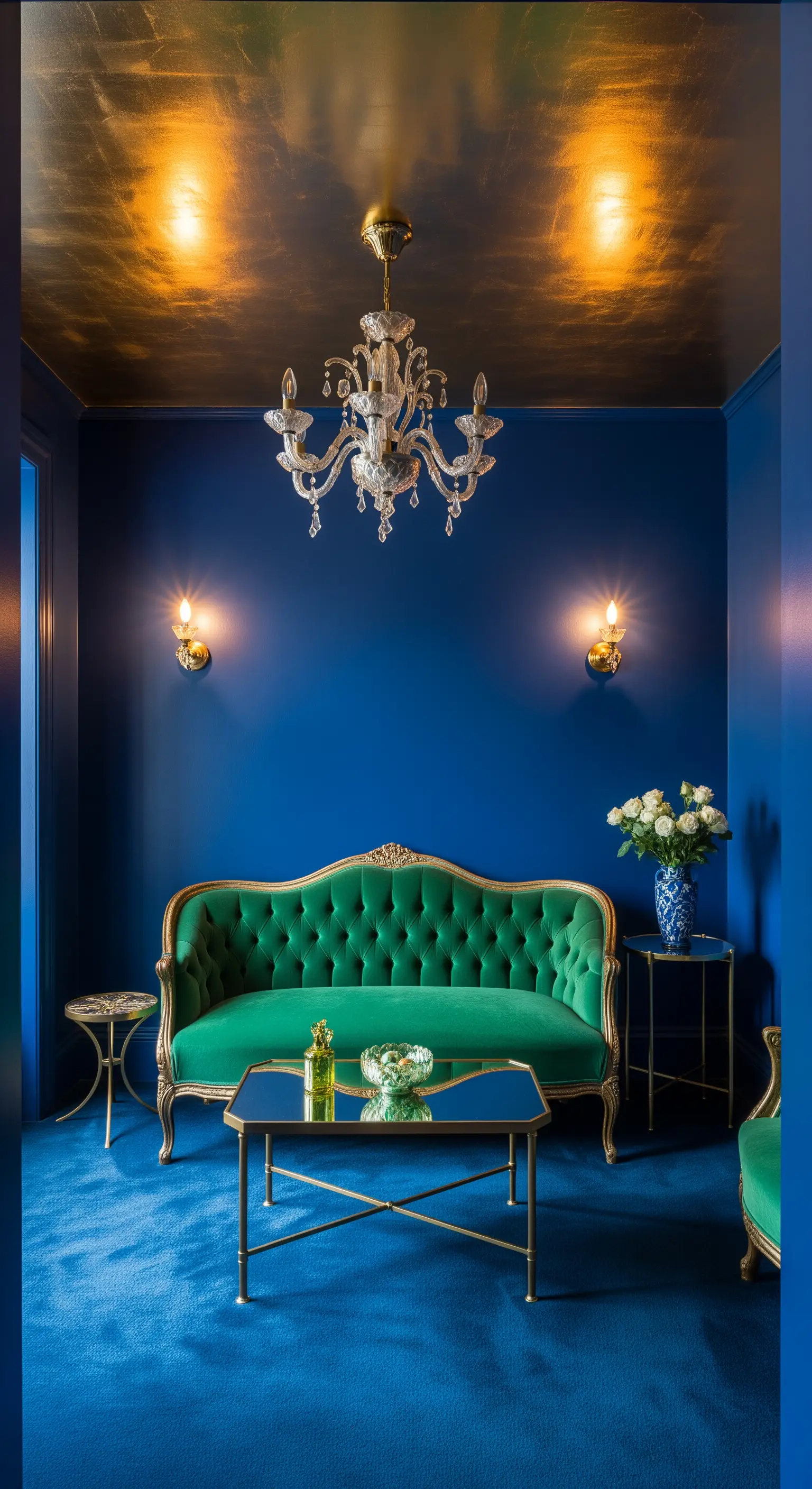 Salottino blu notte con divanetto classico verde, soffitto dorato e tavolino in ottone.