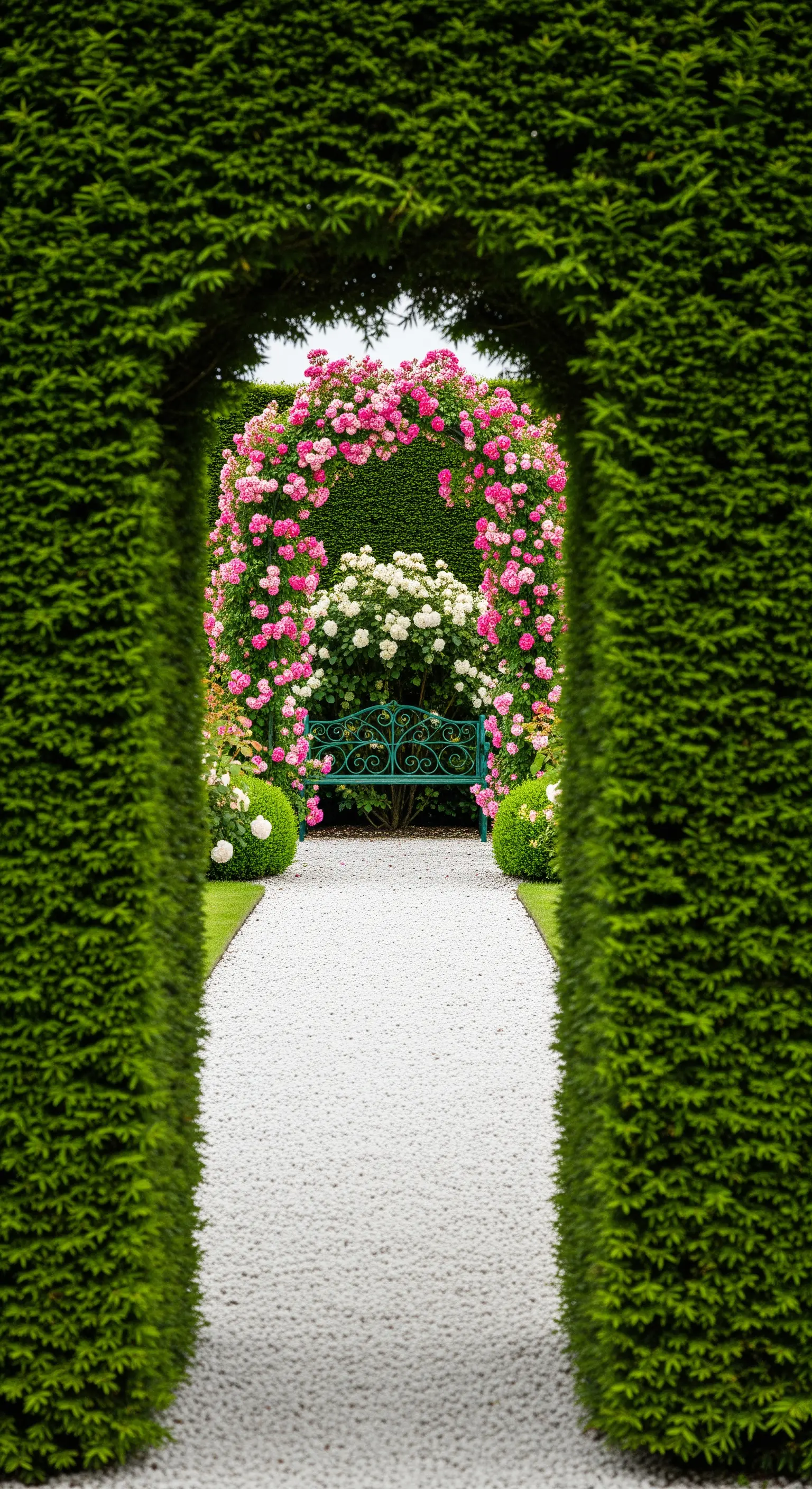 Vista attraverso un'apertura in una siepe alta, che rivela un arco di rose e una panchina.