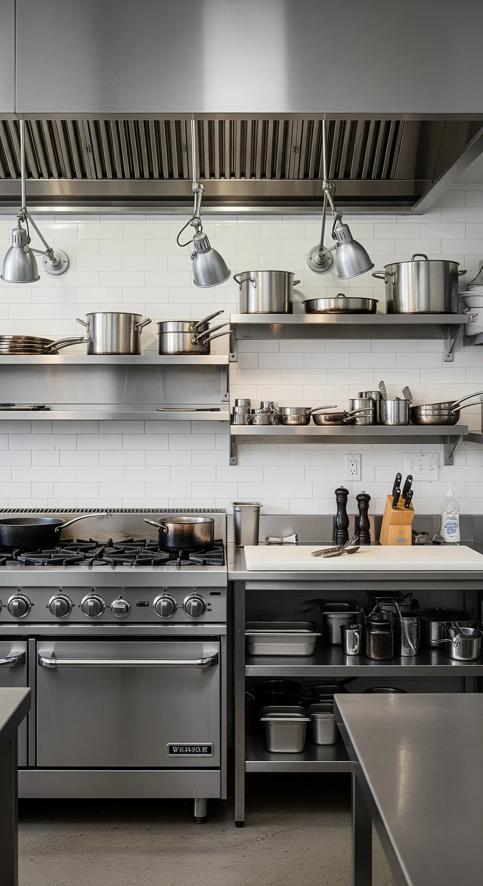 Cucina professionale in acciaio inox con mensole a vista e piastrelle bianche.