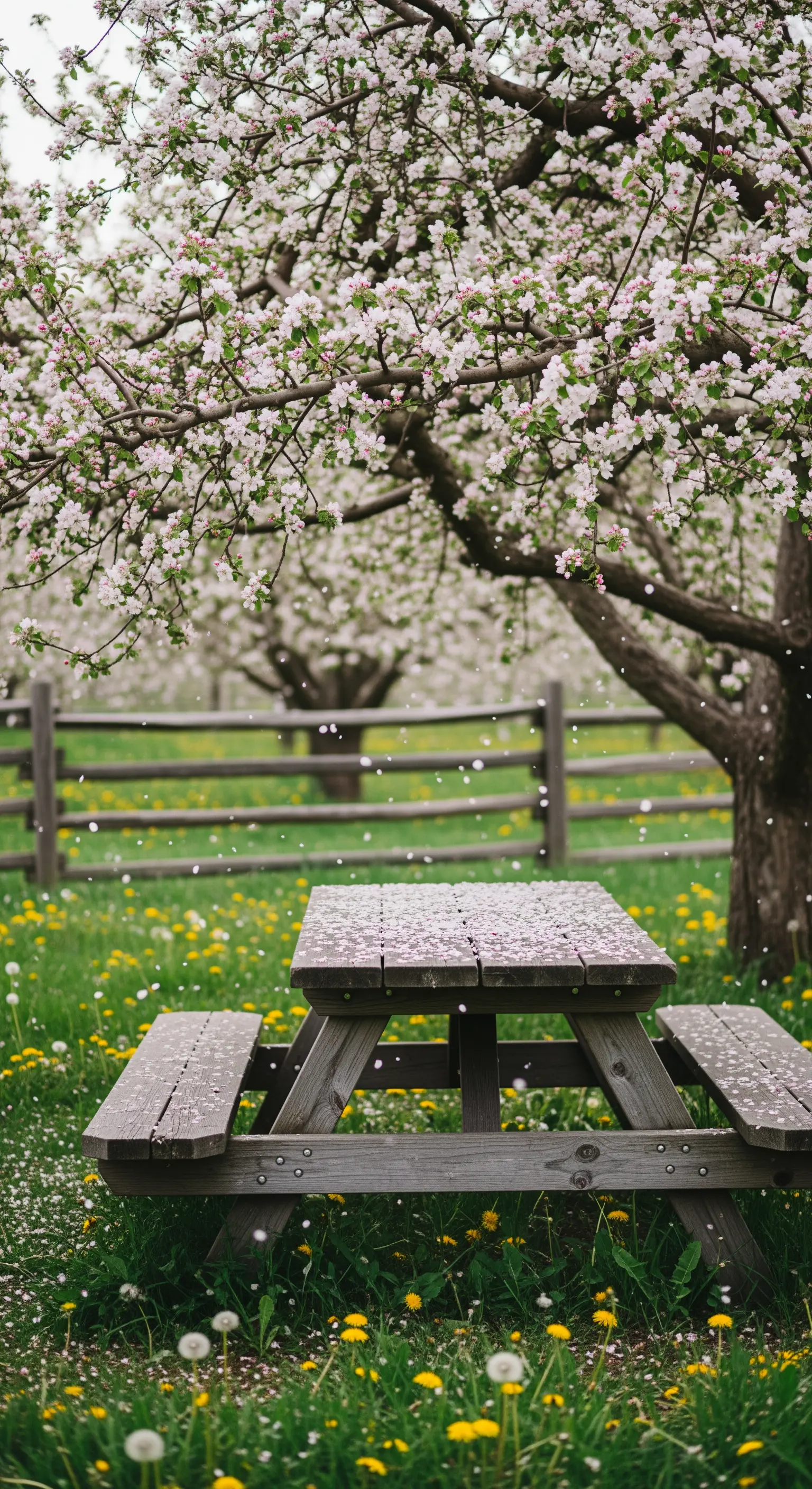 Tavolo da picnic in legno sotto i rami di un melo in fiore con petali che cadono.