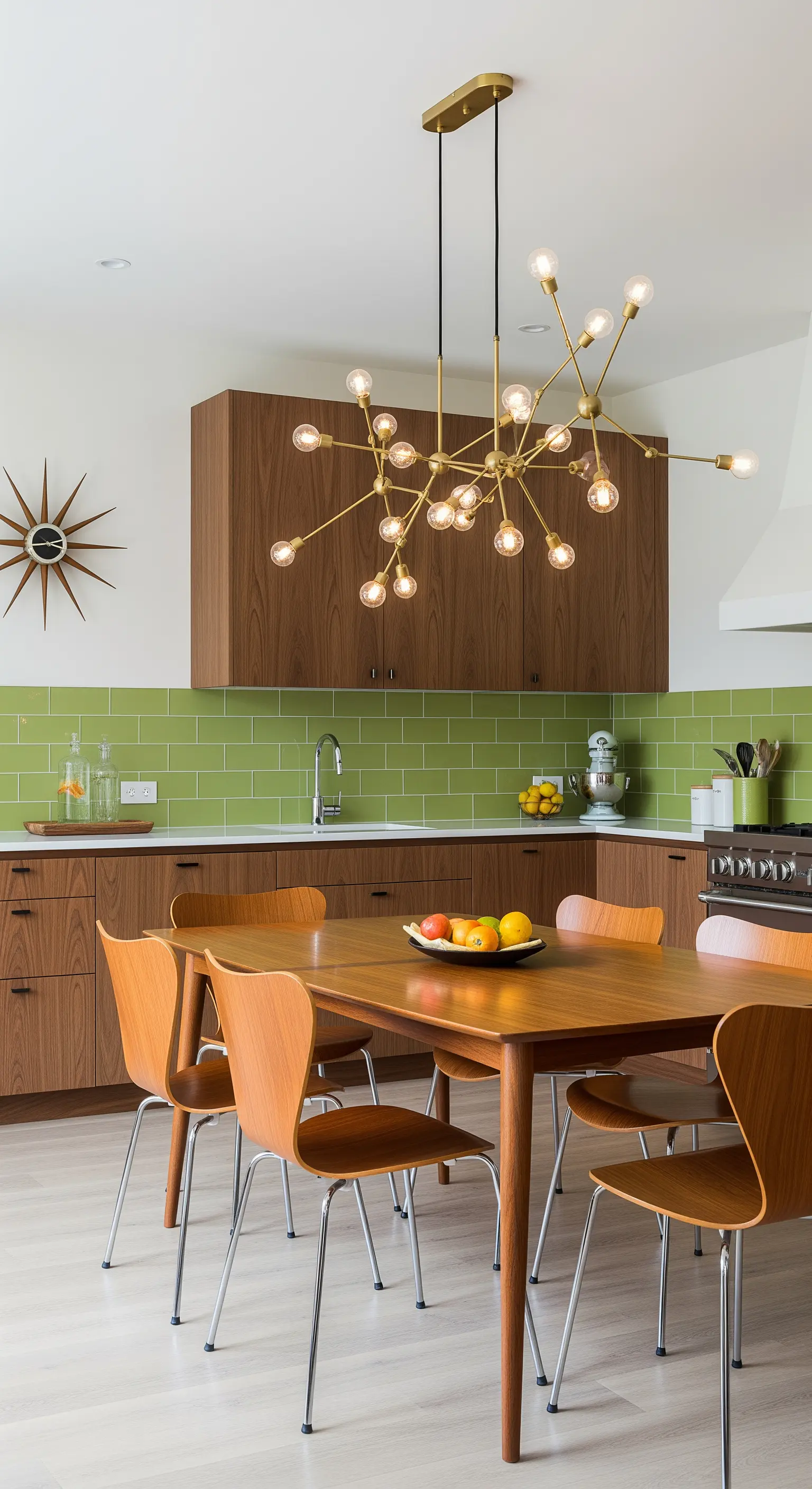 Cucina Mid-Century Modern con mobili in legno e un lampadario Sputnik in ottone sopra il tavolo.