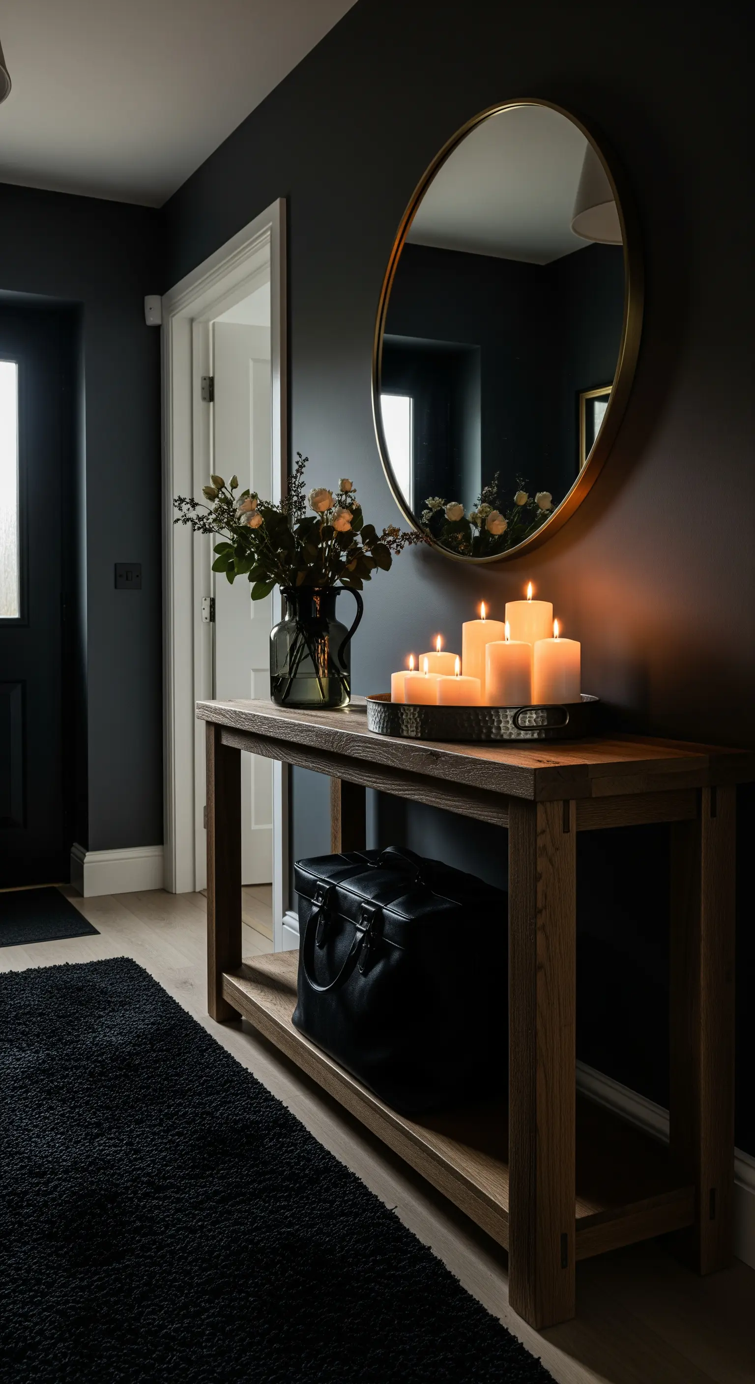 Ingresso con pareti scure, consolle in legno, specchio dorato e candele accese.