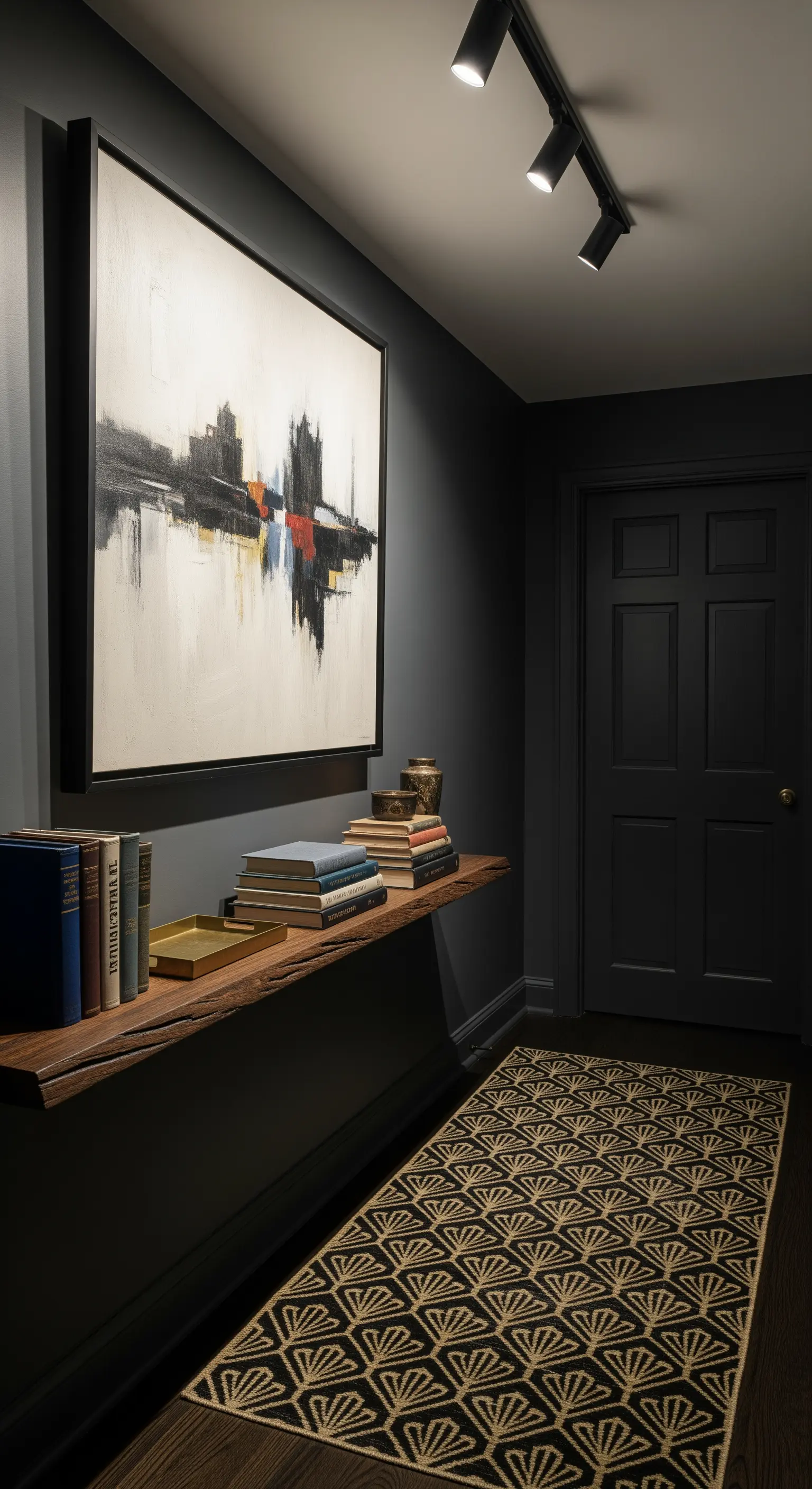Ingresso scuro con mensola in legno, grande quadro e tappeto nero e oro.