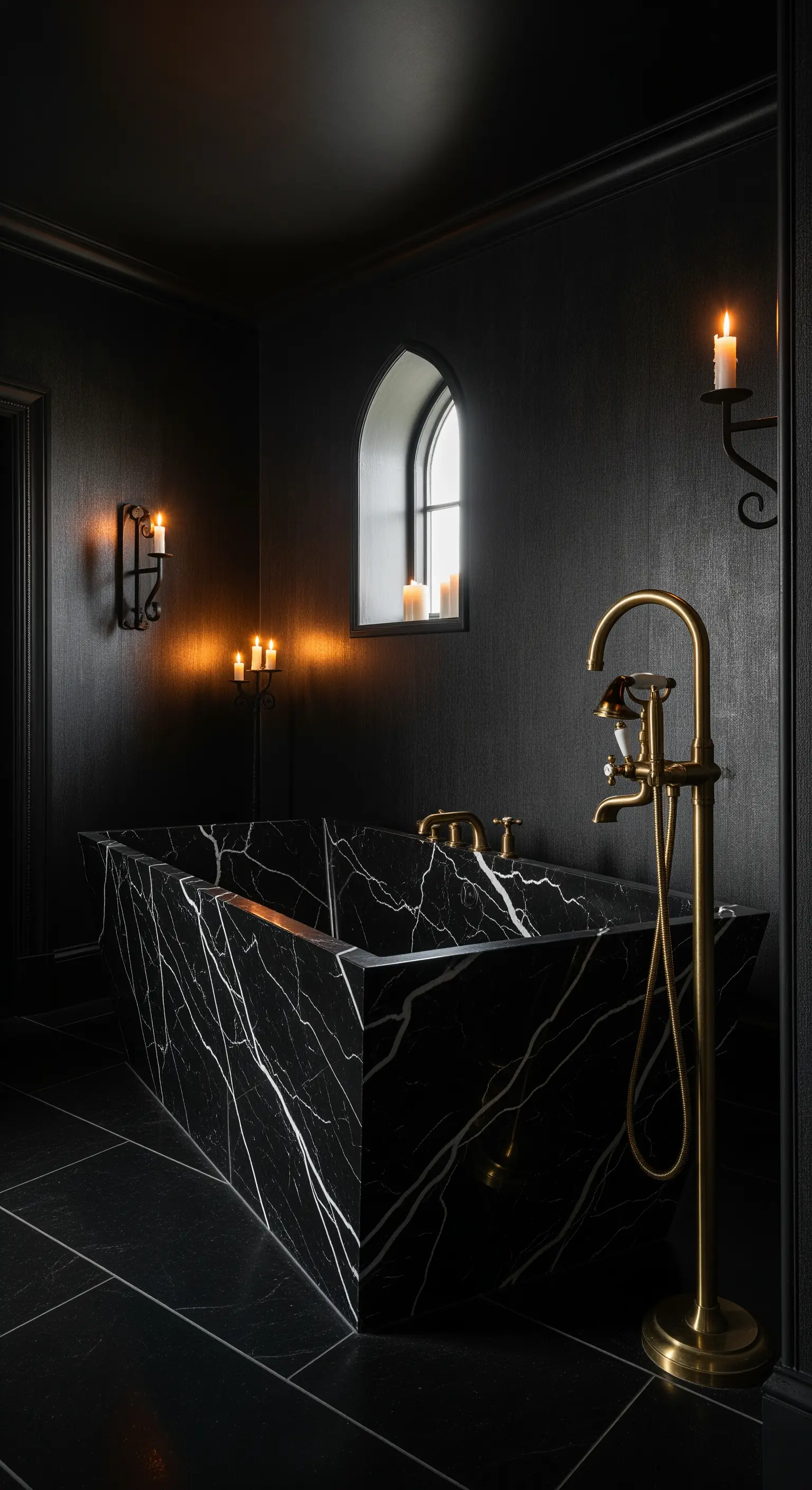 Bagno total black con vasca in marmo nero venato e rubinetteria in ottone, illuminato da candele.
