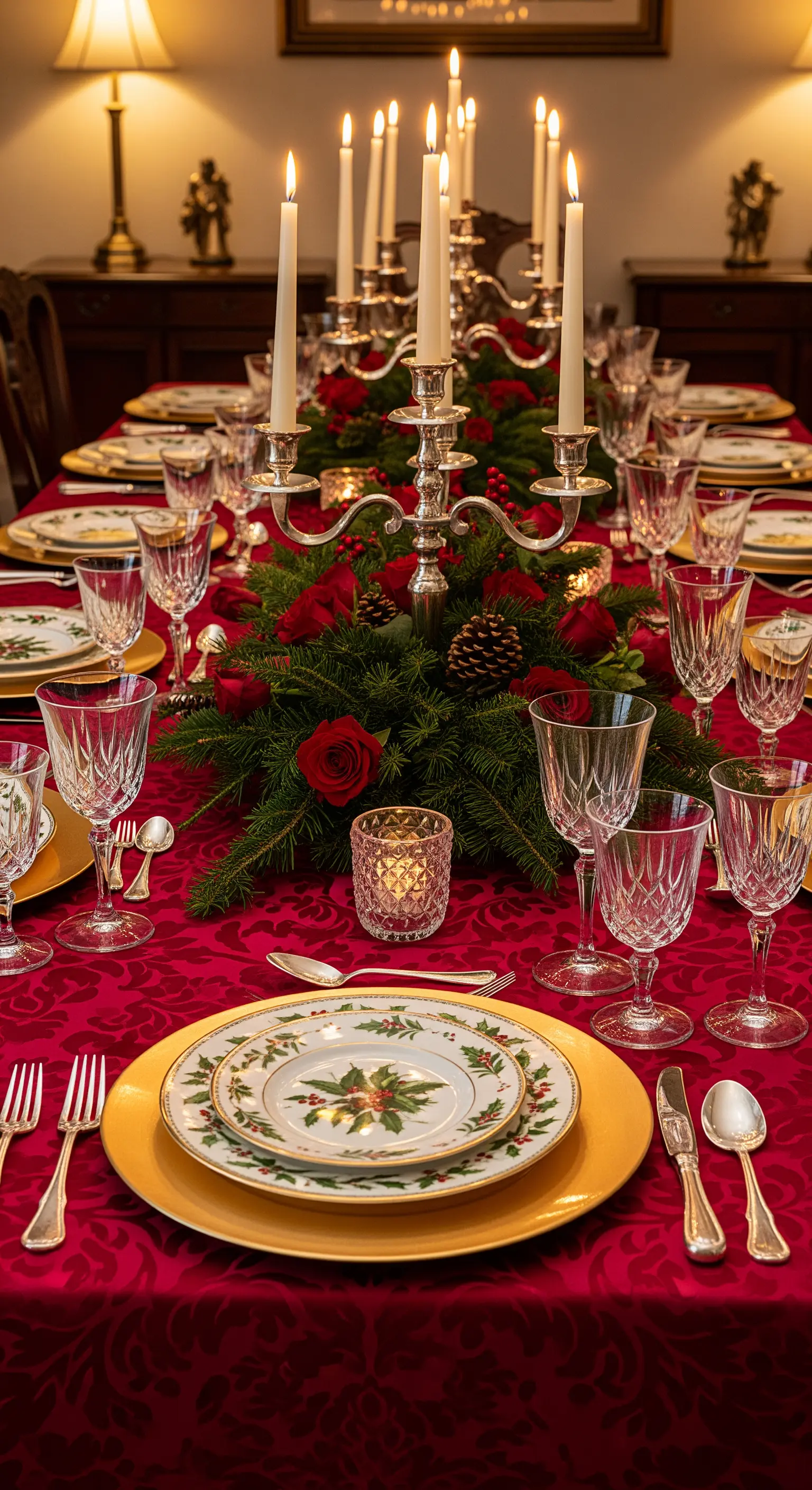 Tavola di Natale tradizionale con tovaglia rossa, candelabro d'argento e piatti decorati con agrifoglio.