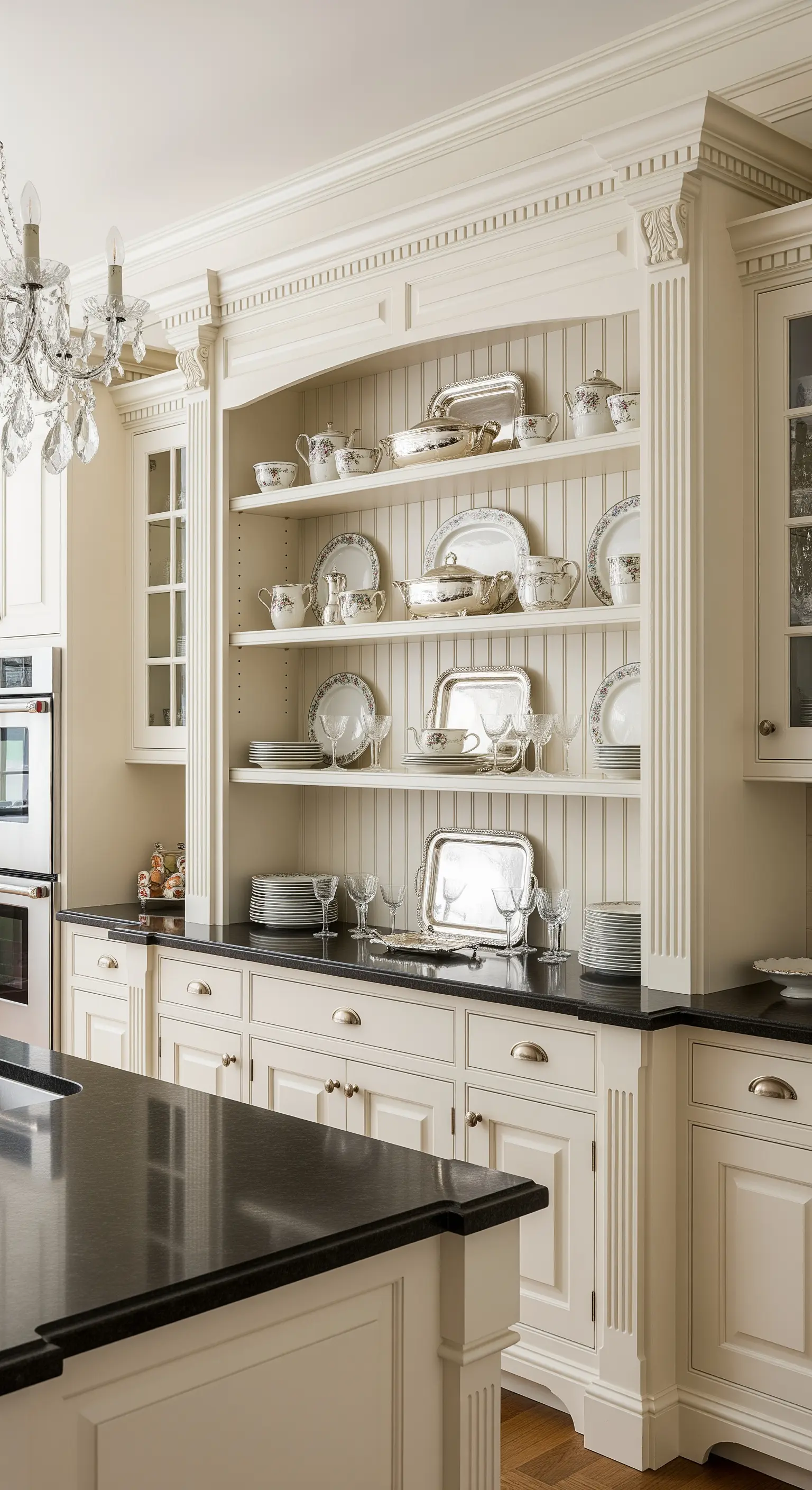 Grande credenza bianca integrata con stoviglie classiche e vassoi d'argento.