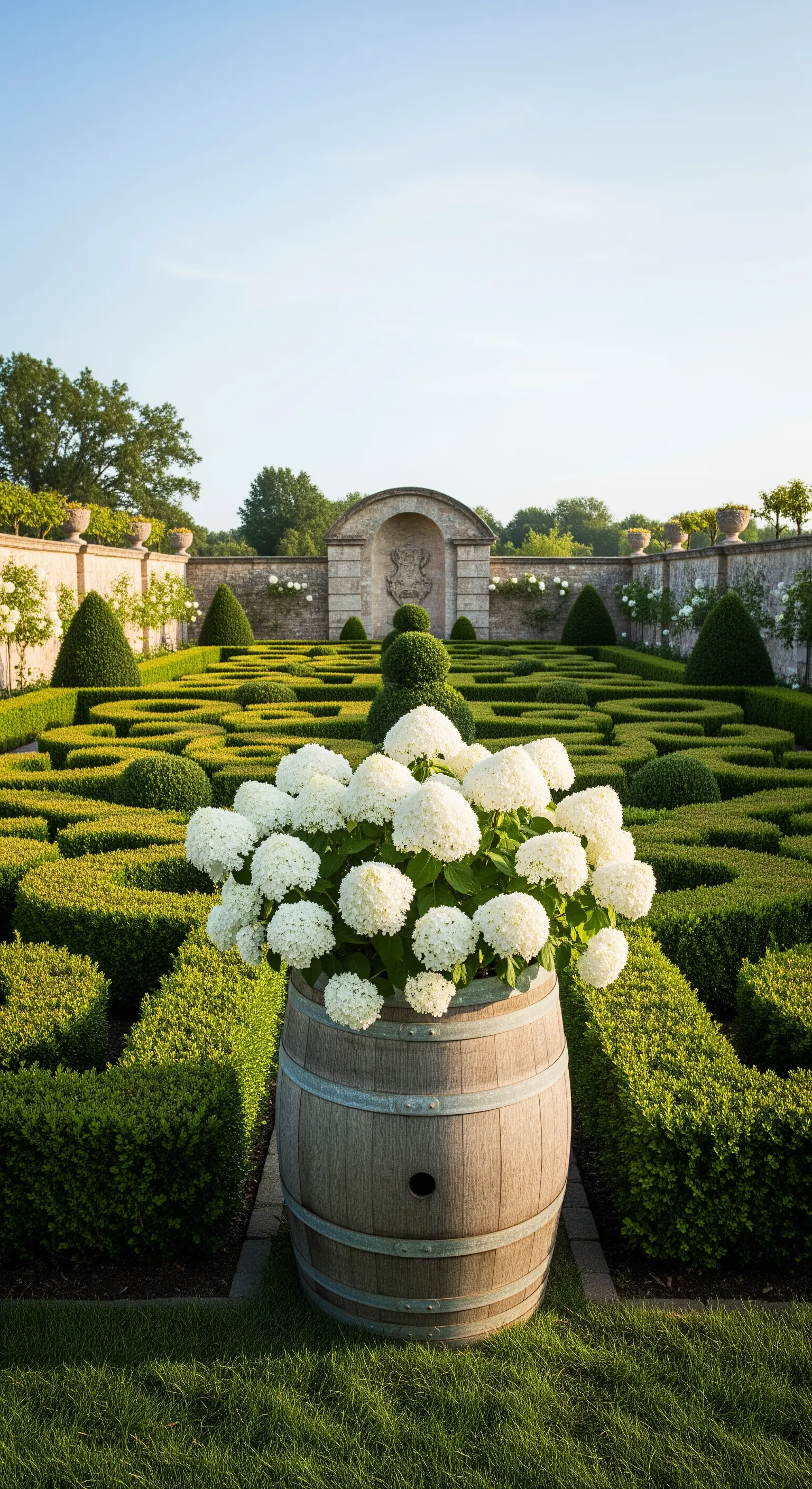 Giardino formale con labirinto di siepi e una botte di legno con ortensie bianche al centro