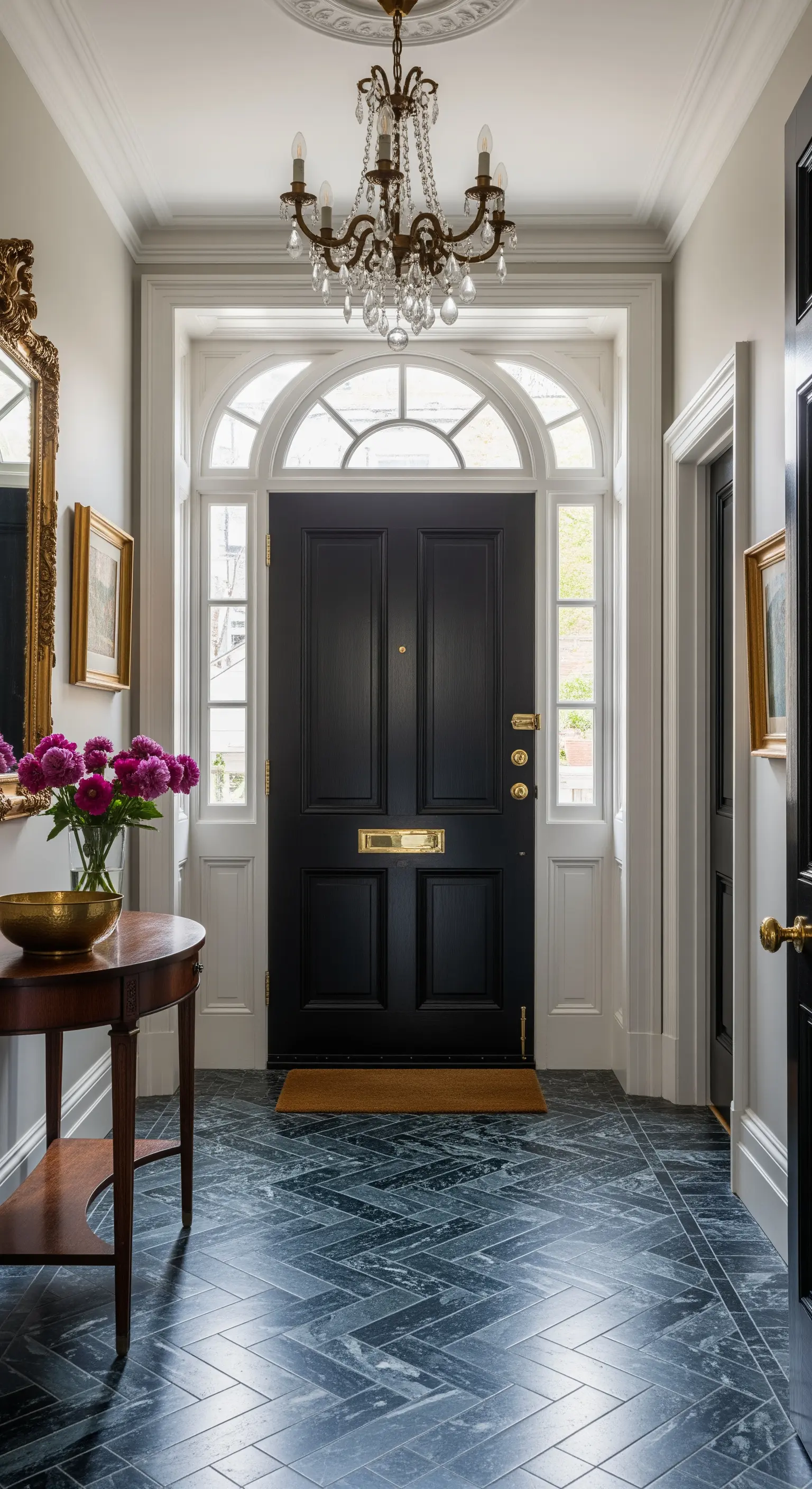 Ingresso classico con pavimento in marmo blu a spina di pesce e porta nera.