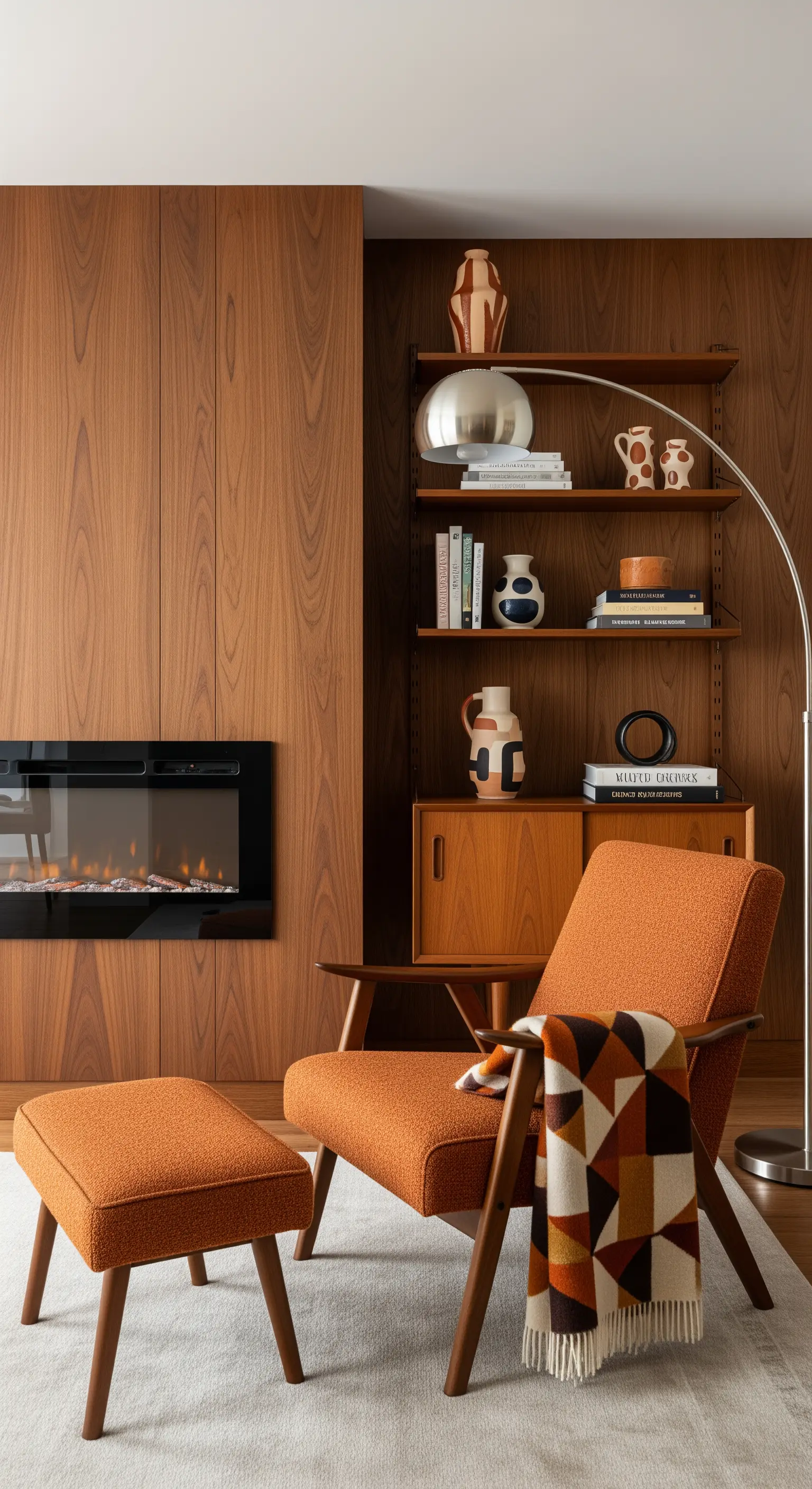 Ambiente Mid-Century con boiserie in legno, poltrona arancione e lampada ad arco.
