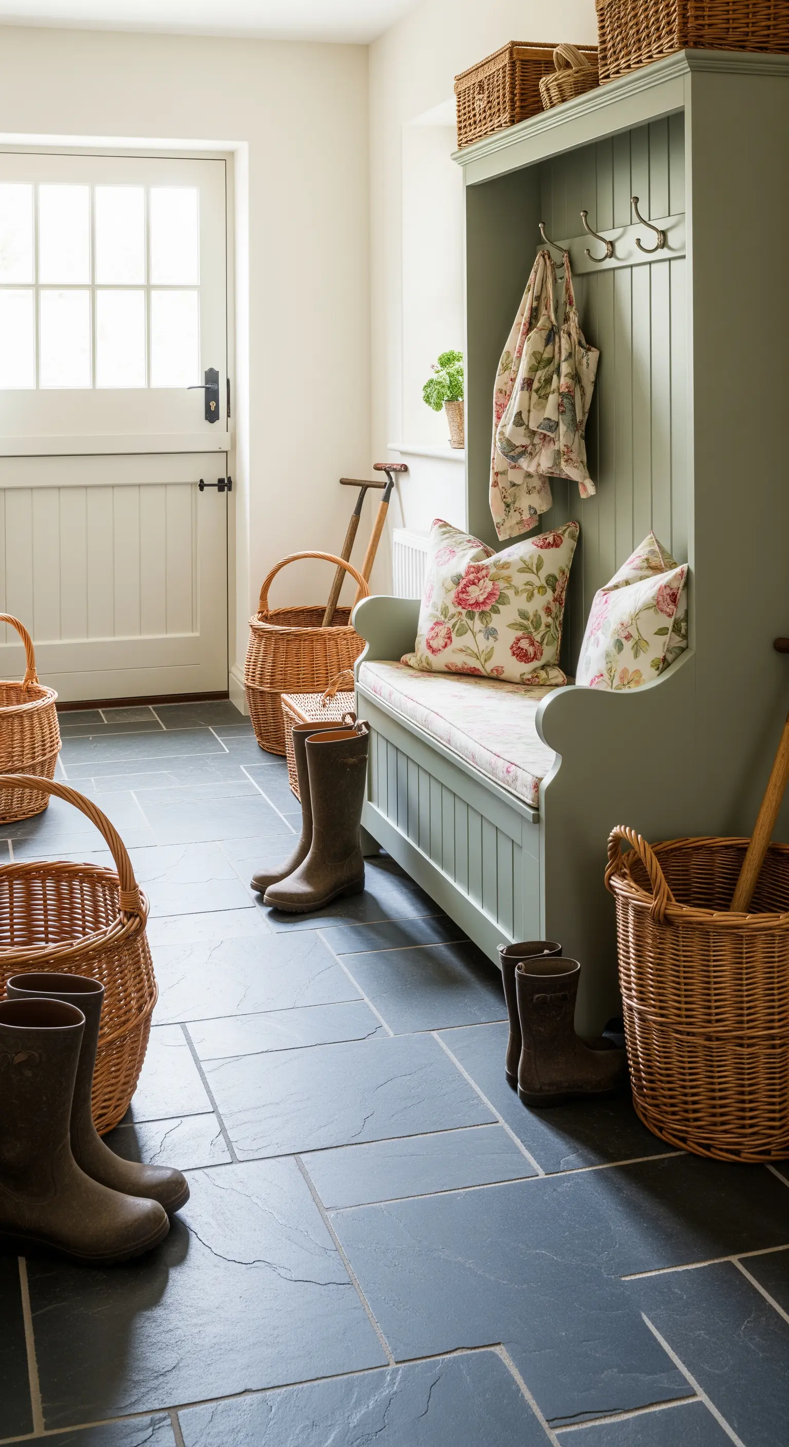 Mobile da ingresso verde salvia con panca, cuscini floreali e cesti in vimini.
