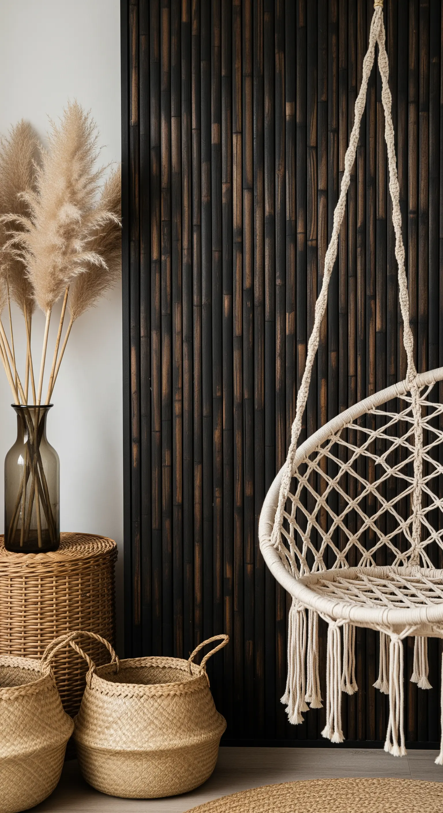 Sedia sospesa in macramè chiaro contro una parete di bambù nero.