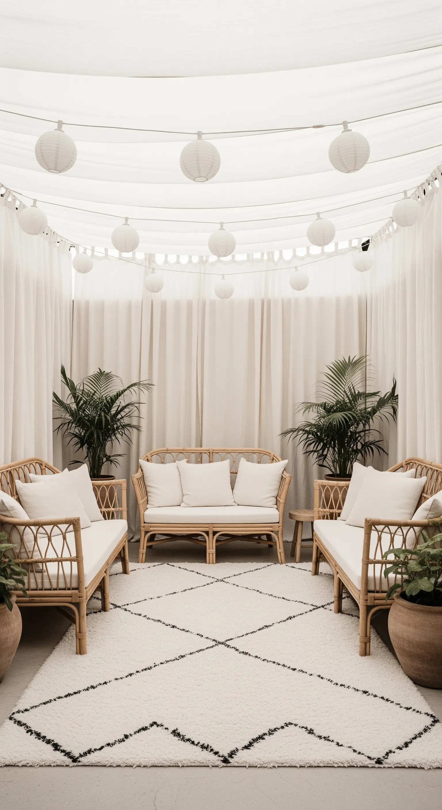 Salotto bohémien total white con arredi in rattan, tappeto berbero e lanterne di carta.