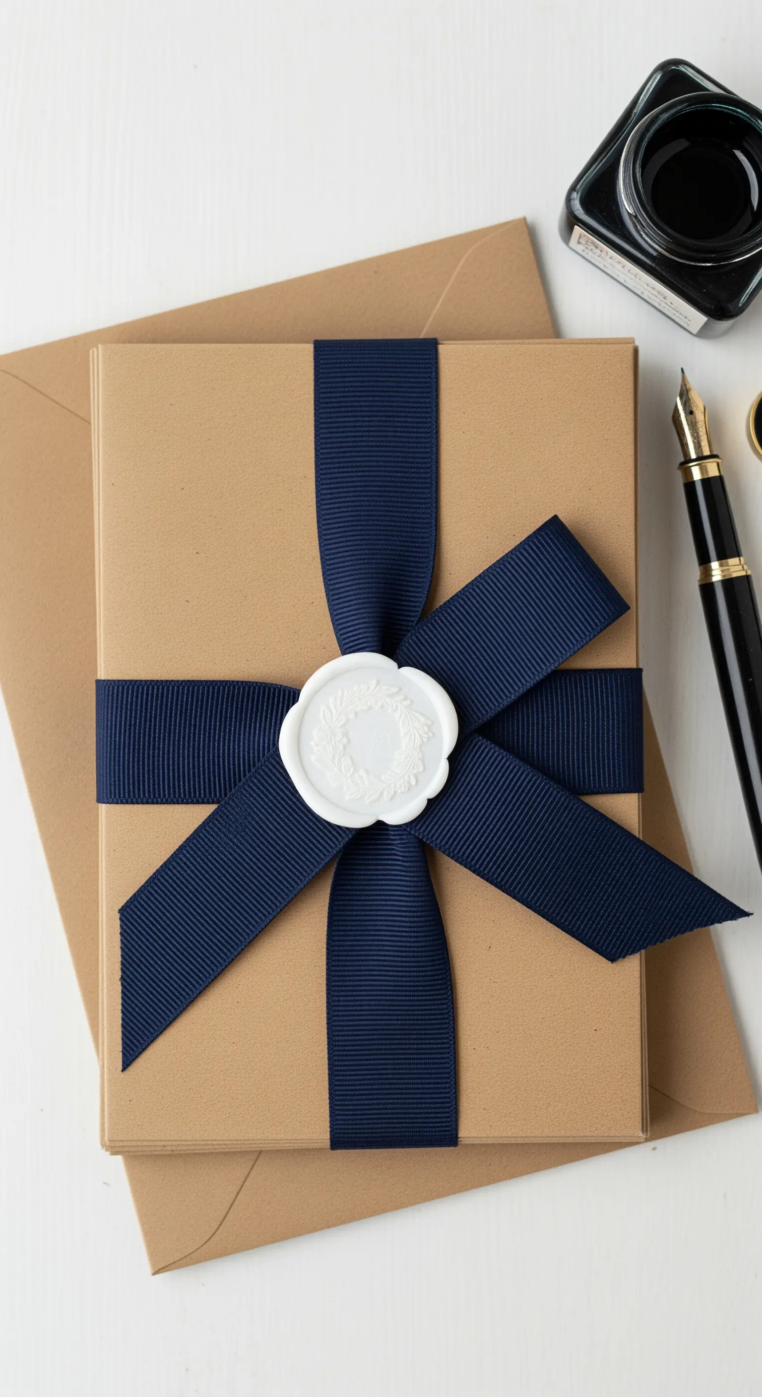 Pacco regalo in carta kraft avvolto in un nastro blu scuro e sigillato con ceralacca bianca.