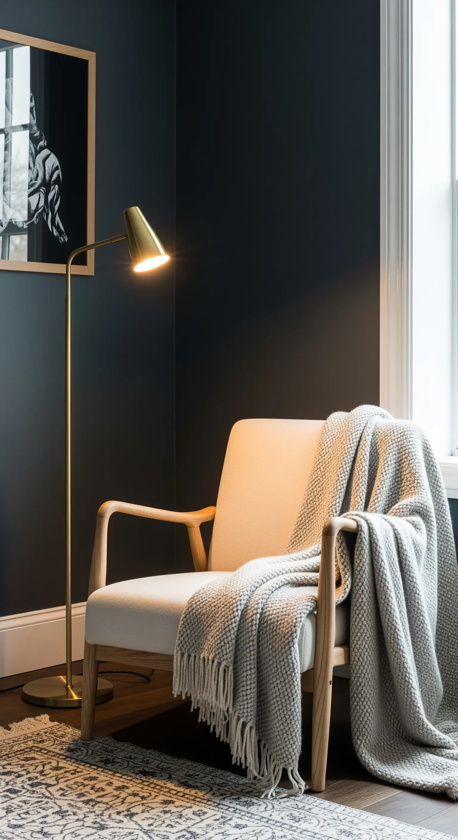 Poltrona chiara in un angolo con pareti blu scuro, illuminata da una lampada da terra dorata.