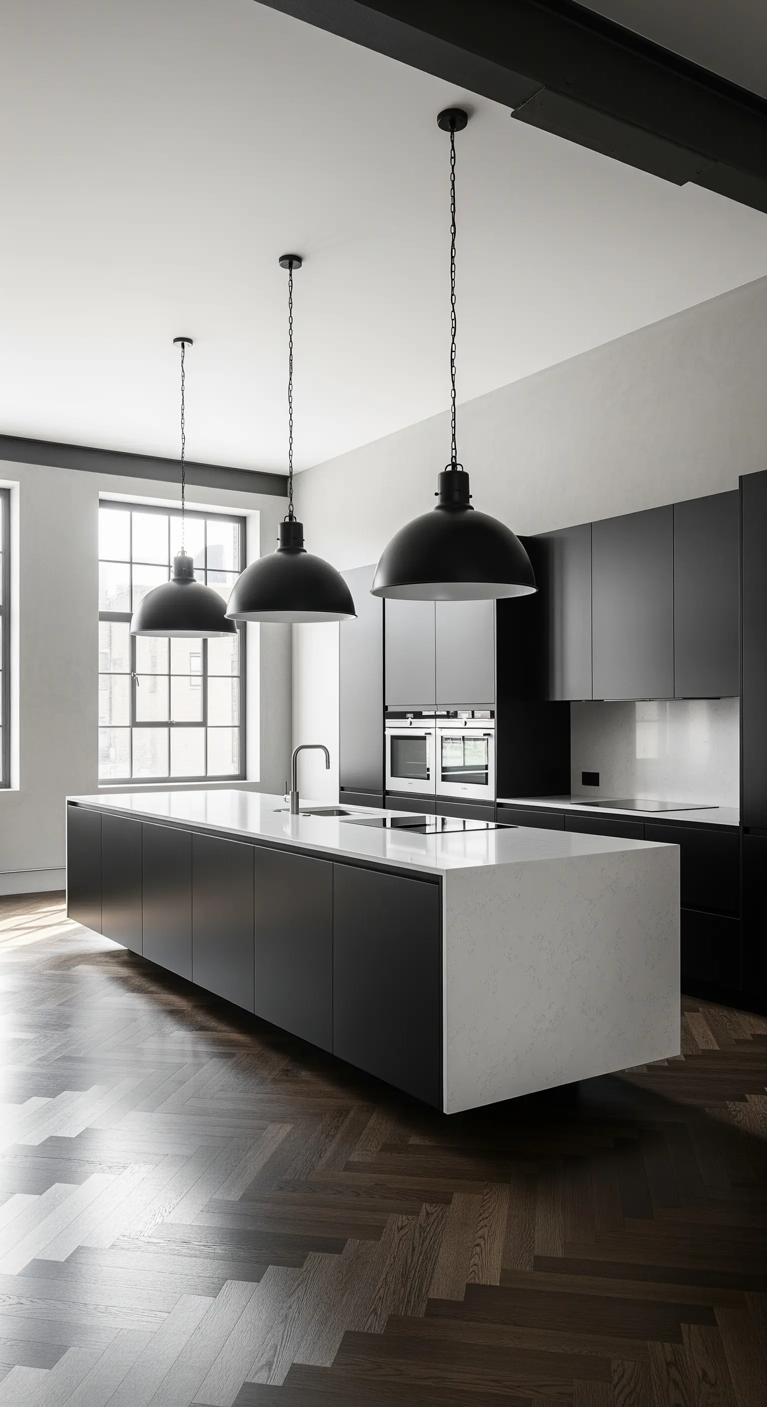 Cucina industrial-minimal con isola bianca, mobili neri e pavimento in legno a spina di pesce.