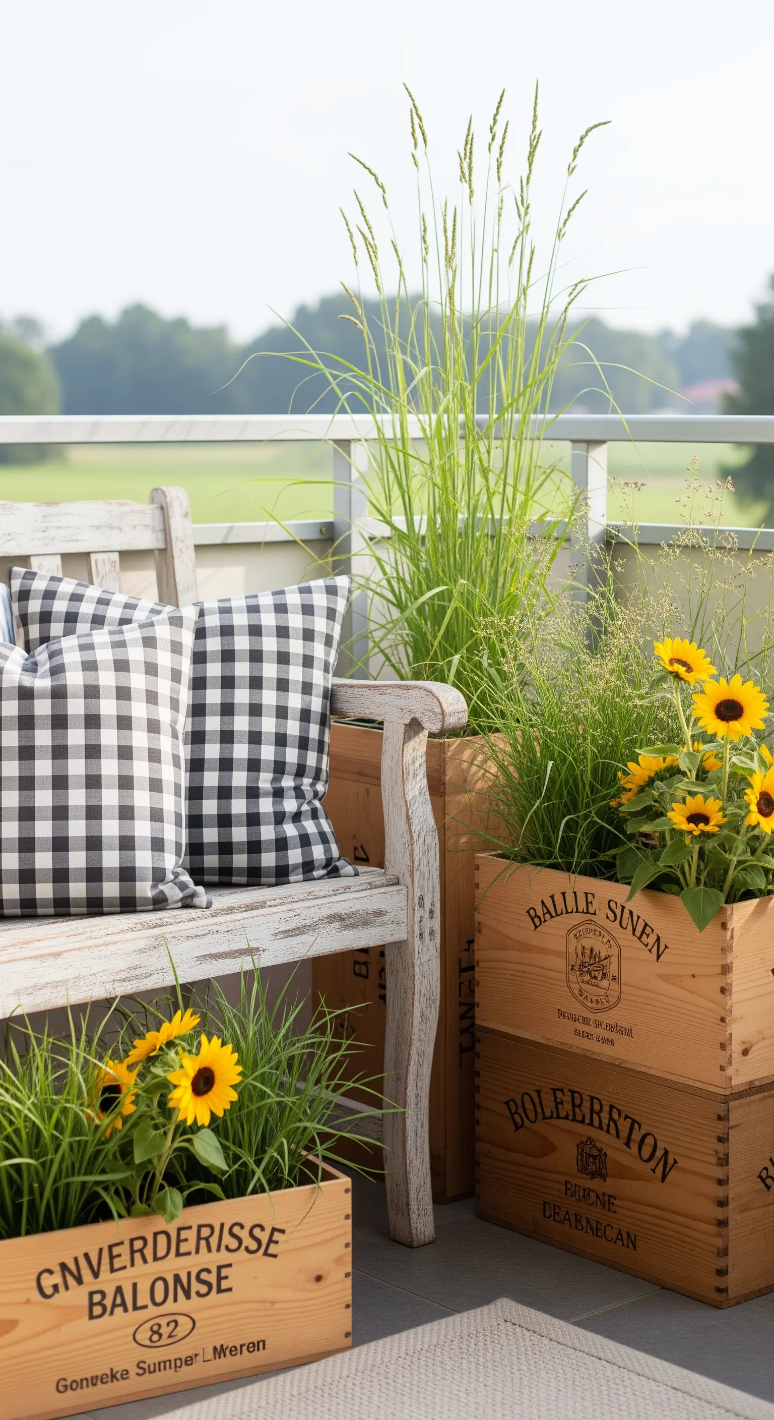 Panchina bianca decapata con cuscini a quadri e cassette di legno con girasoli.