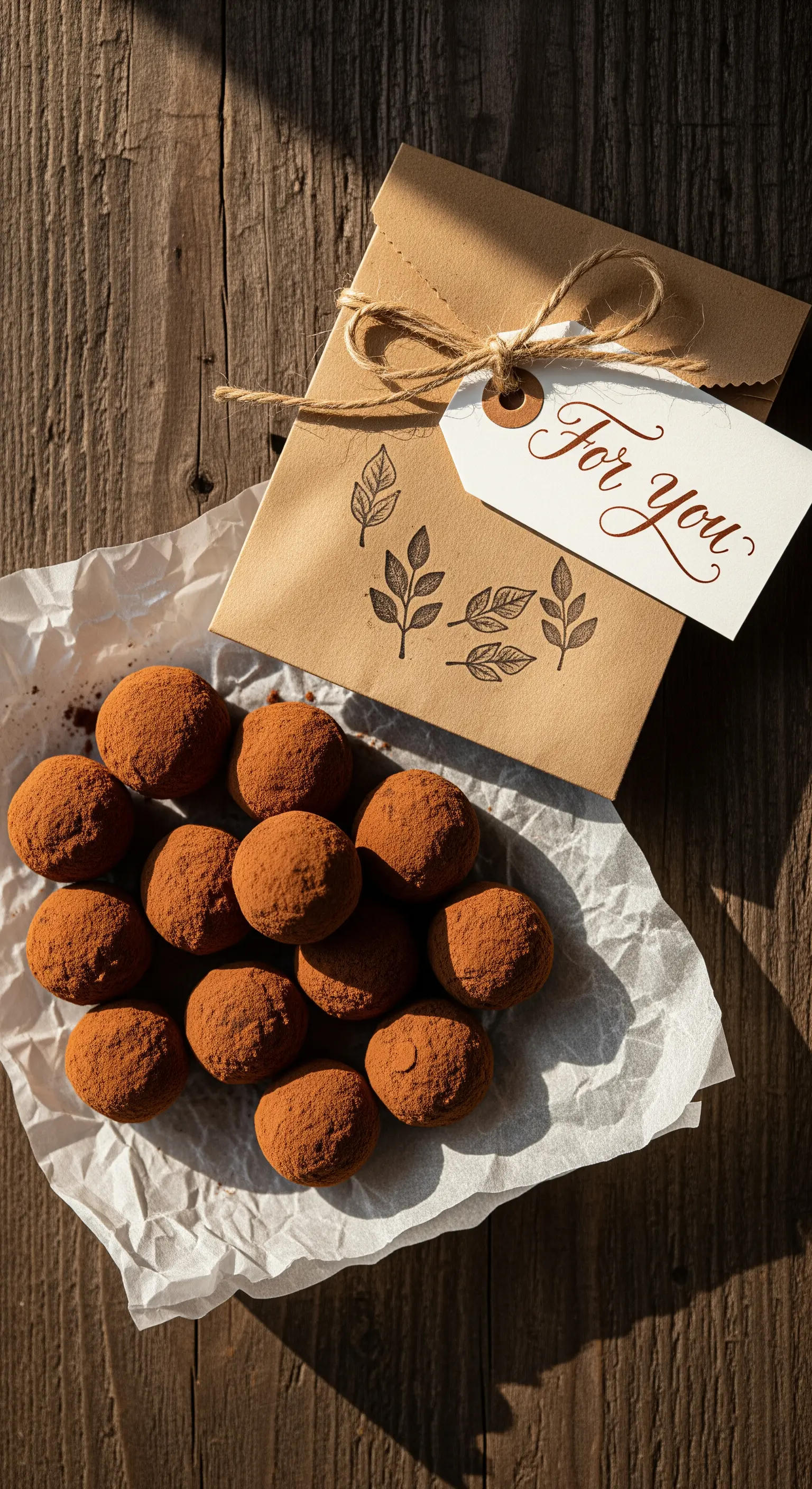 Tartufi al cioccolato fatti in casa in un sacchetto di carta kraft con etichetta calligrafata.