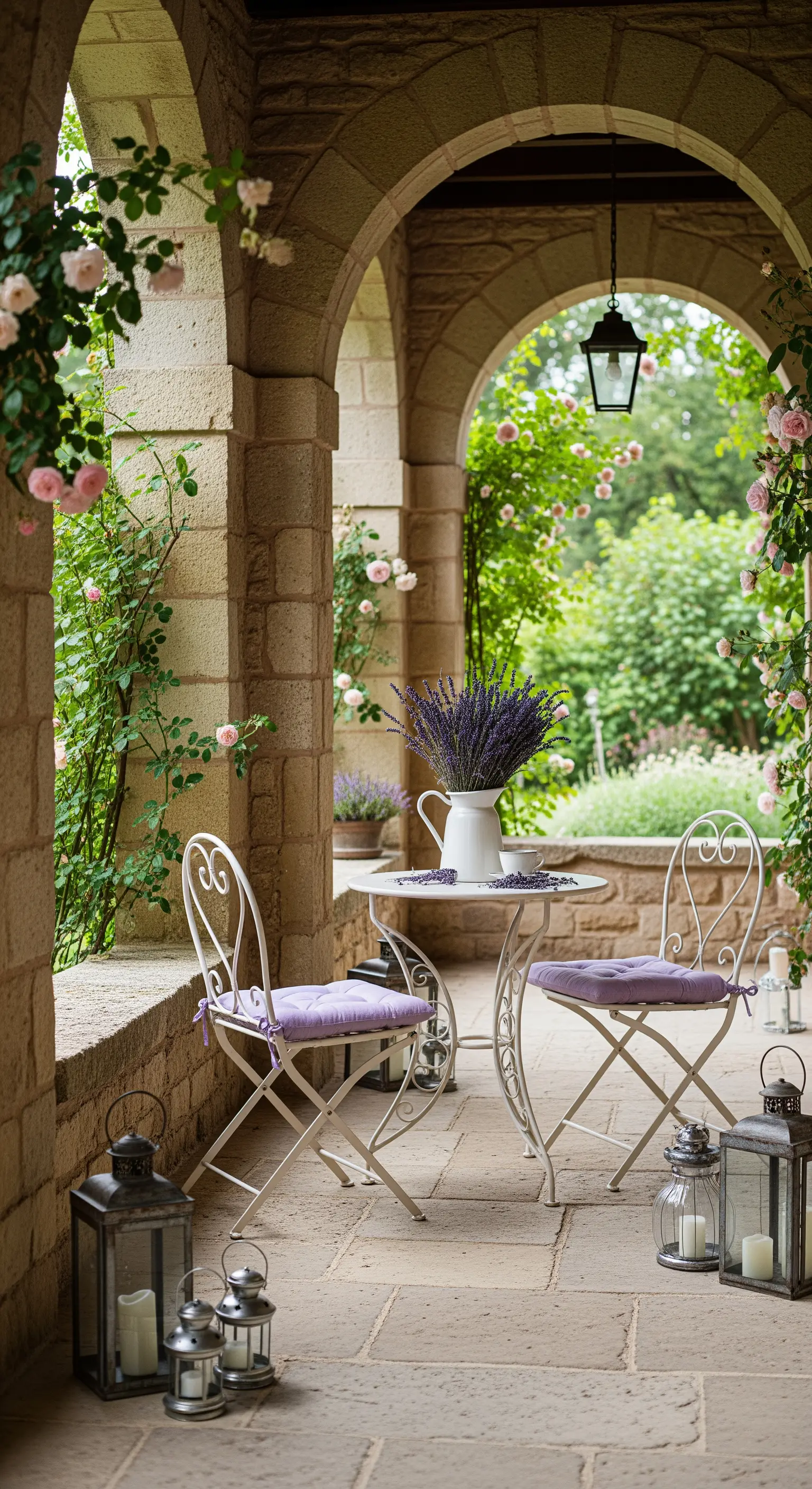Tavolino e sedie in ferro battuto bianco sotto un portico in pietra con archi e rose rampicanti.