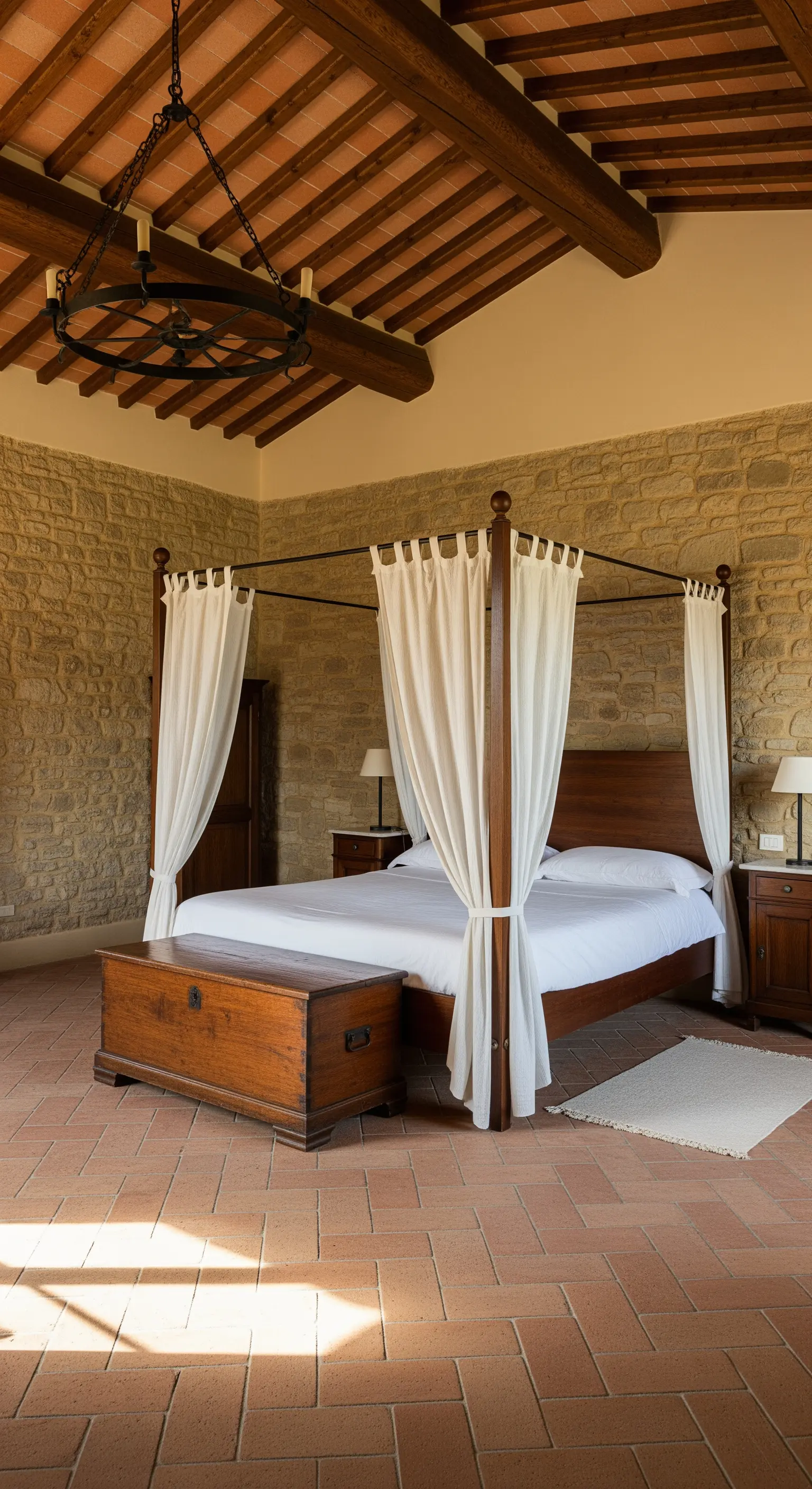 Letto a baldacchino con tende bianche in una camera da letto con pareti in pietra e travi a vista.