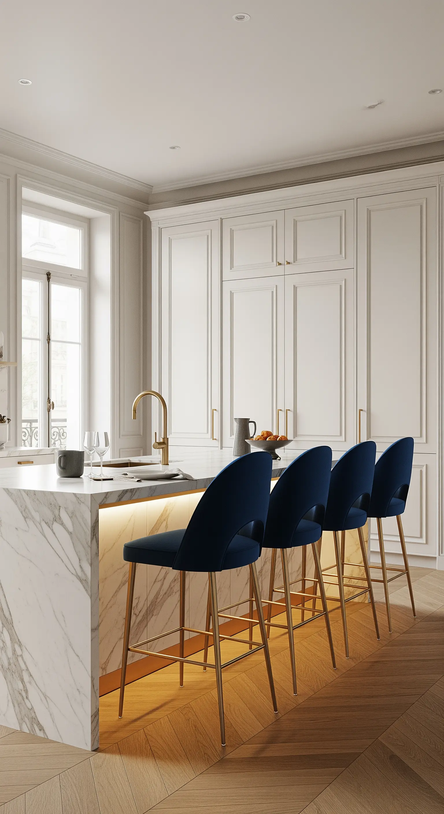 Penisola in marmo bianco con bordo a cascata illuminato da una striscia LED e sgabelli in velluto blu