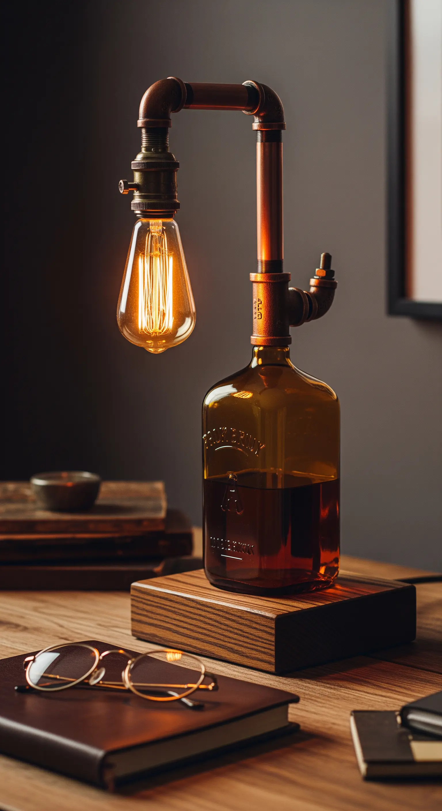 Lampada industrial chic con bottiglia di whiskey e tubi in rame.