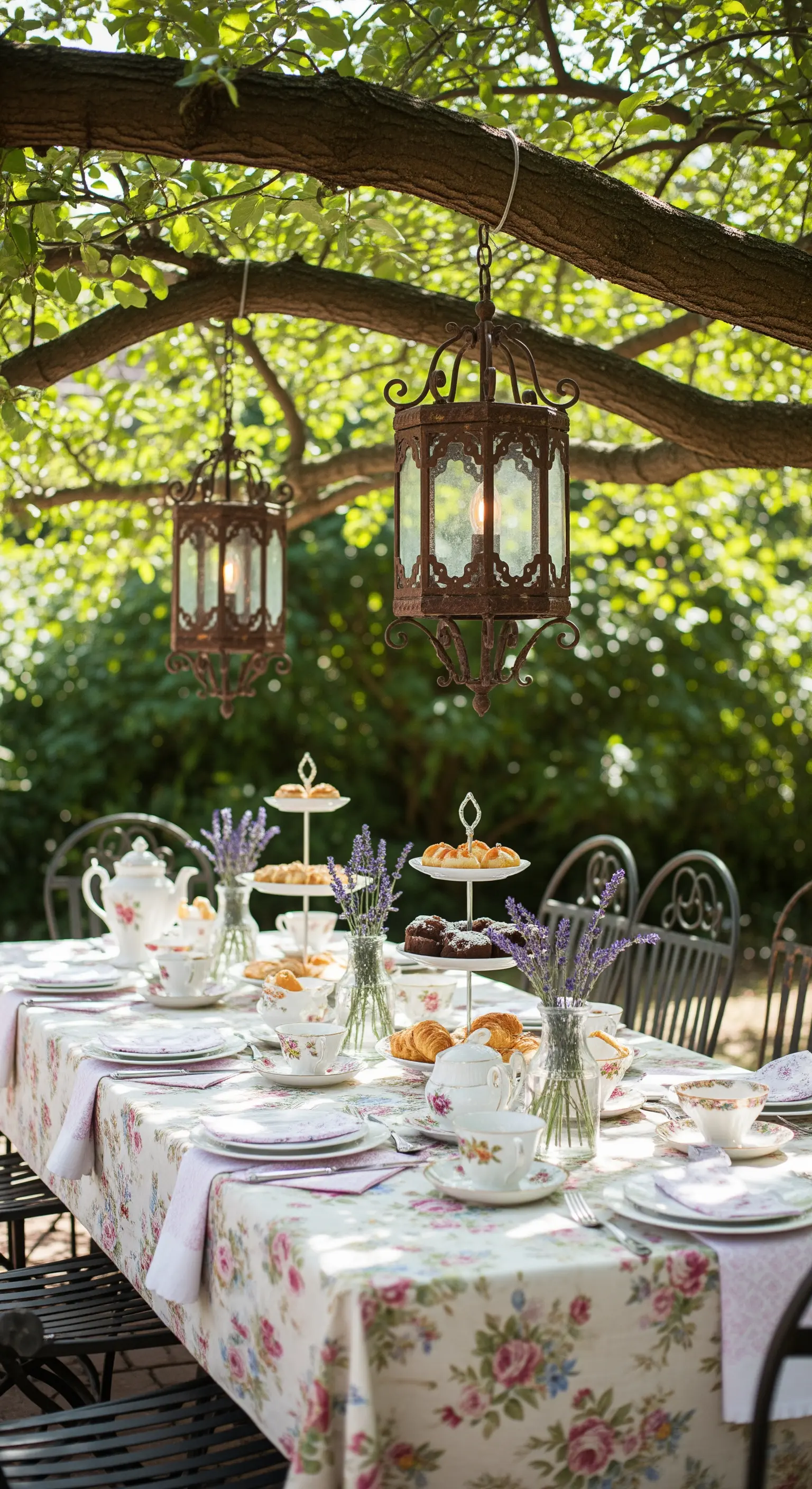 Tavola apparecchiata per il tè con tovaglia floreale, porcellane vintage e lanterne appese.