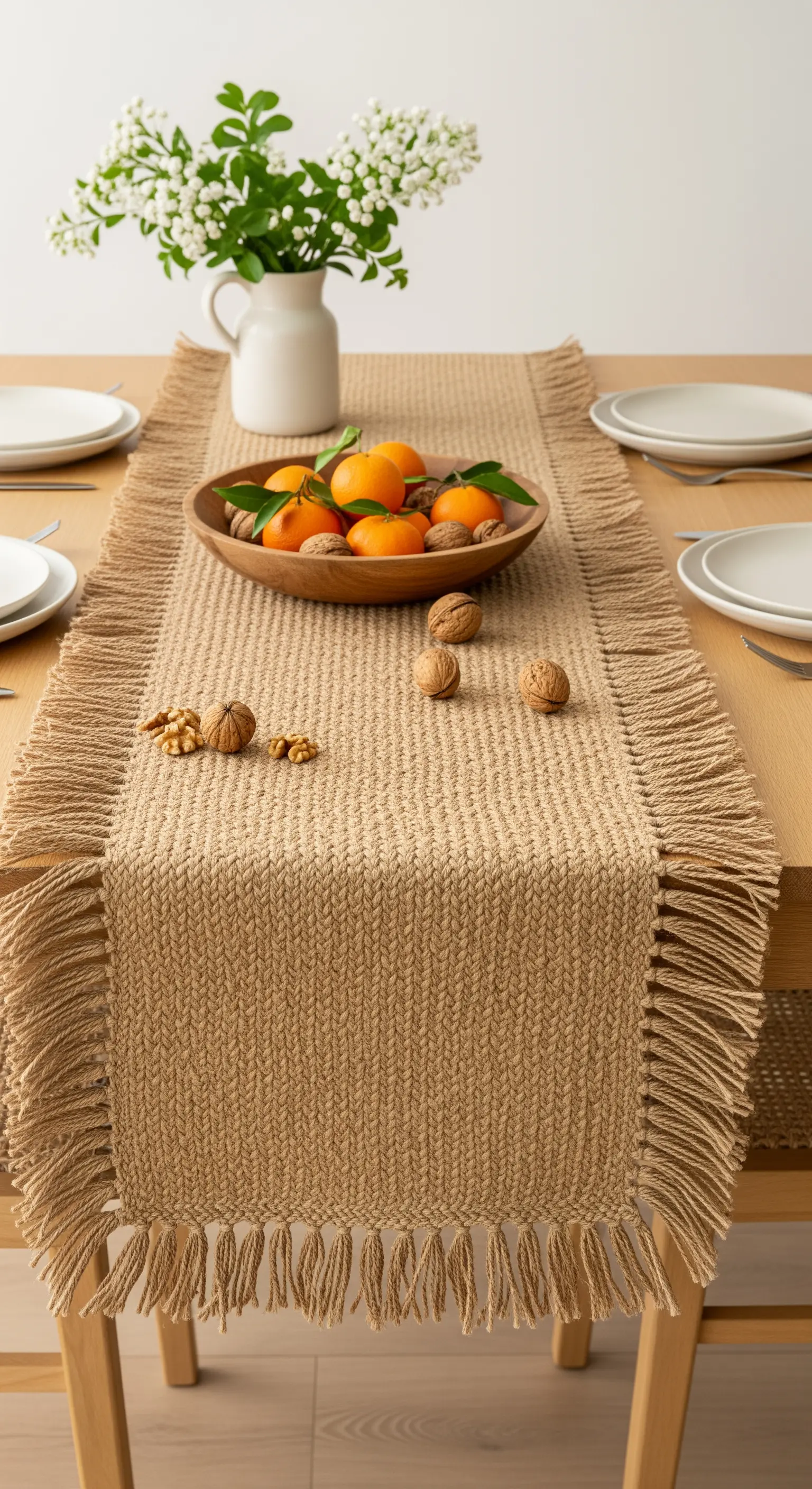 Tavolo in legno con runner in juta e una ciotola di legno con noci e mandarini