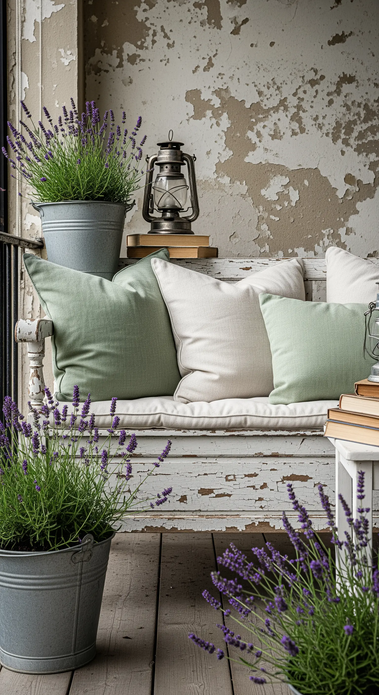 Panca bianca decapé con cuscini color salvia e avorio, affiancata da cespi di lavanda
